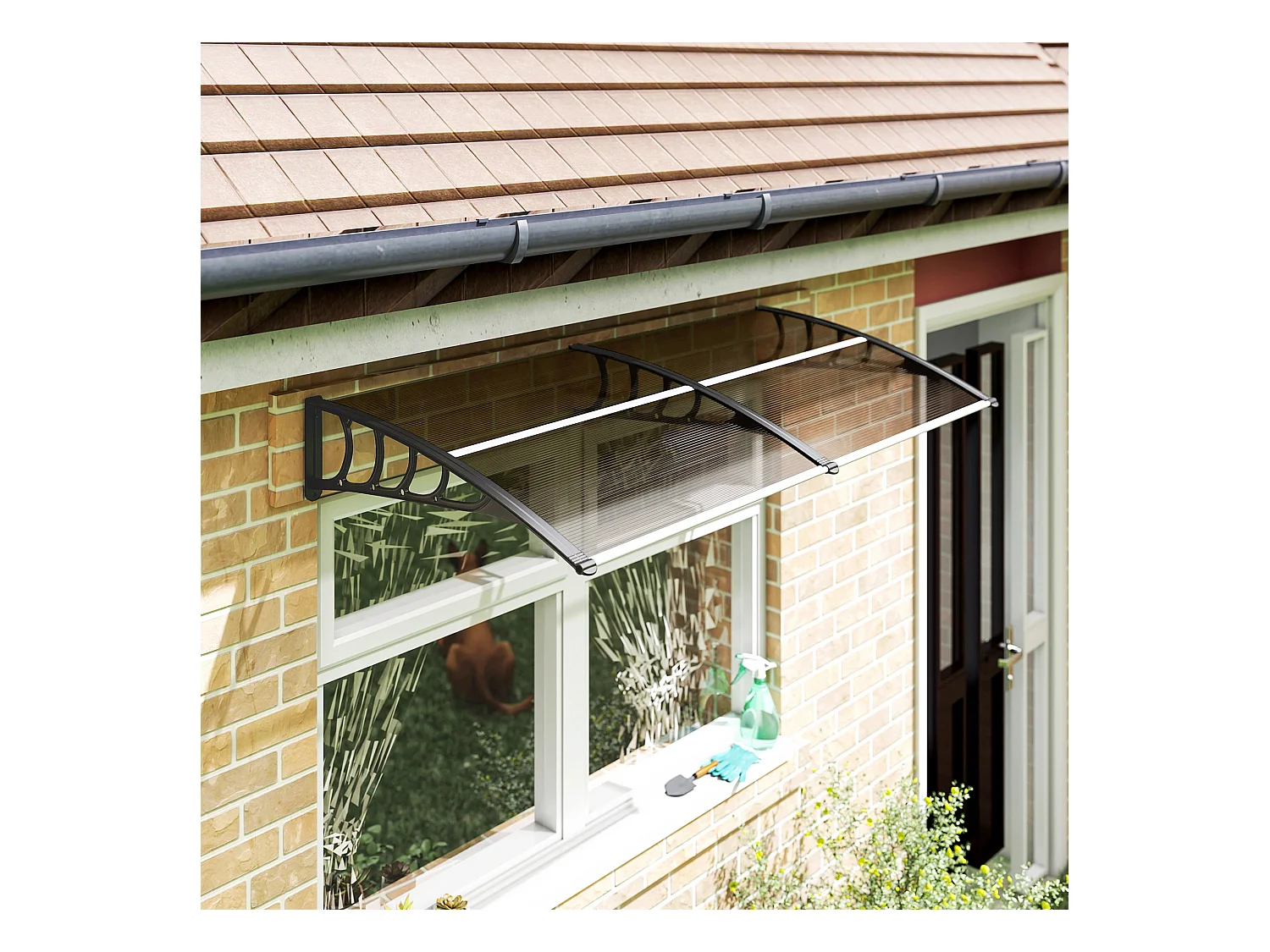 Auvent marquise de porte design voûté arrondi dim. 200L x 96l x 27H cm polycarbonate fumé brun PP noir