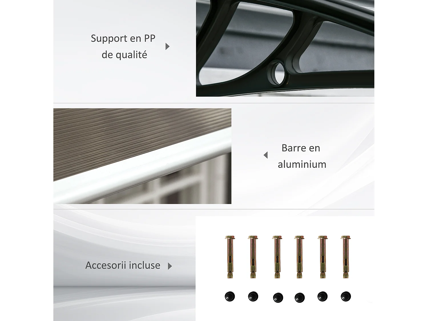 Auvent marquise de porte design voûté arrondi dim. 200L x 96l x 27H cm polycarbonate fumé brun PP noir