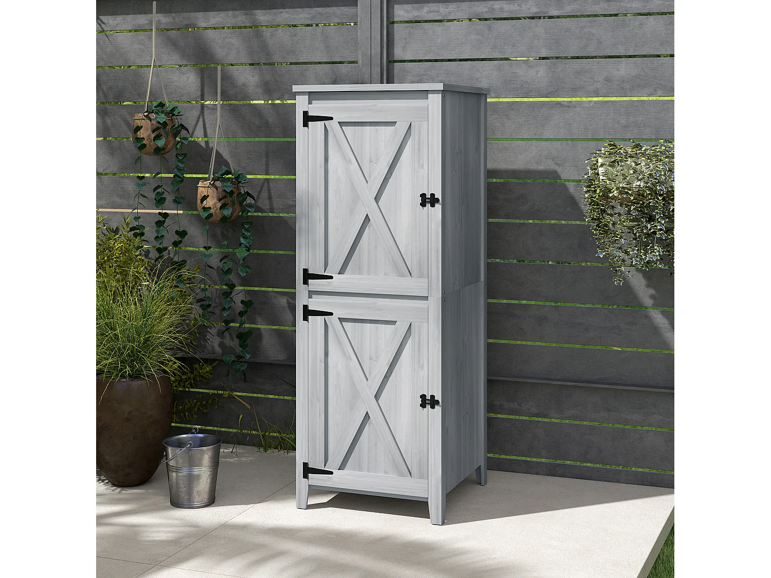 Armoire de jardin en bois gris - 2 portes verrouillables, 2 étagères amovibles - dim. 60 x 60 x 160 cm