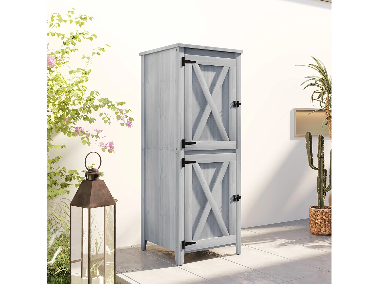 Armoire de jardin en bois gris - 2 portes verrouillables, 2 étagères amovibles - dim. 60 x 60 x 160 cm