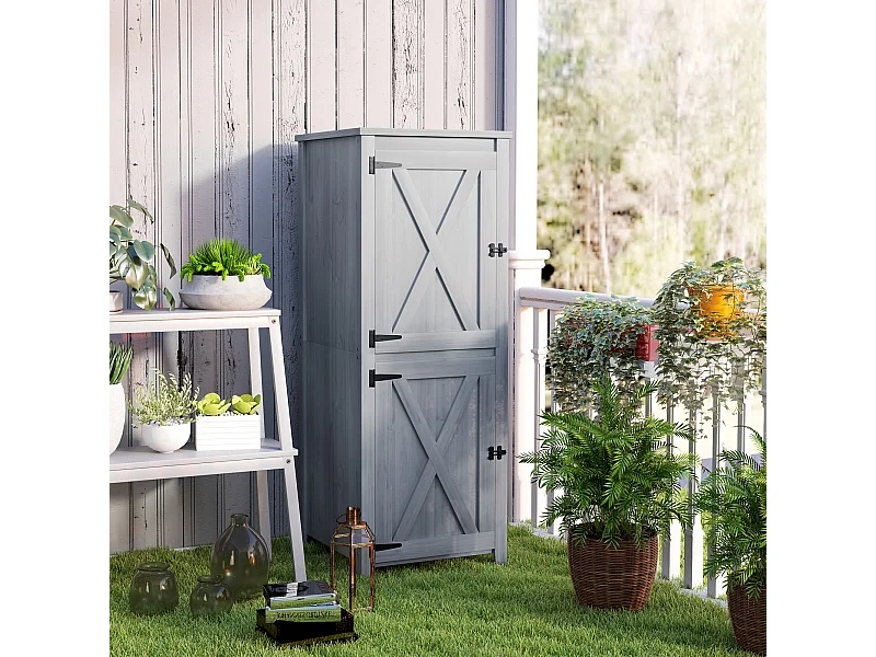 Armoire de jardin en bois gris - 2 portes verrouillables, 2 étagères amovibles - dim. 60 x 60 x 160 cm