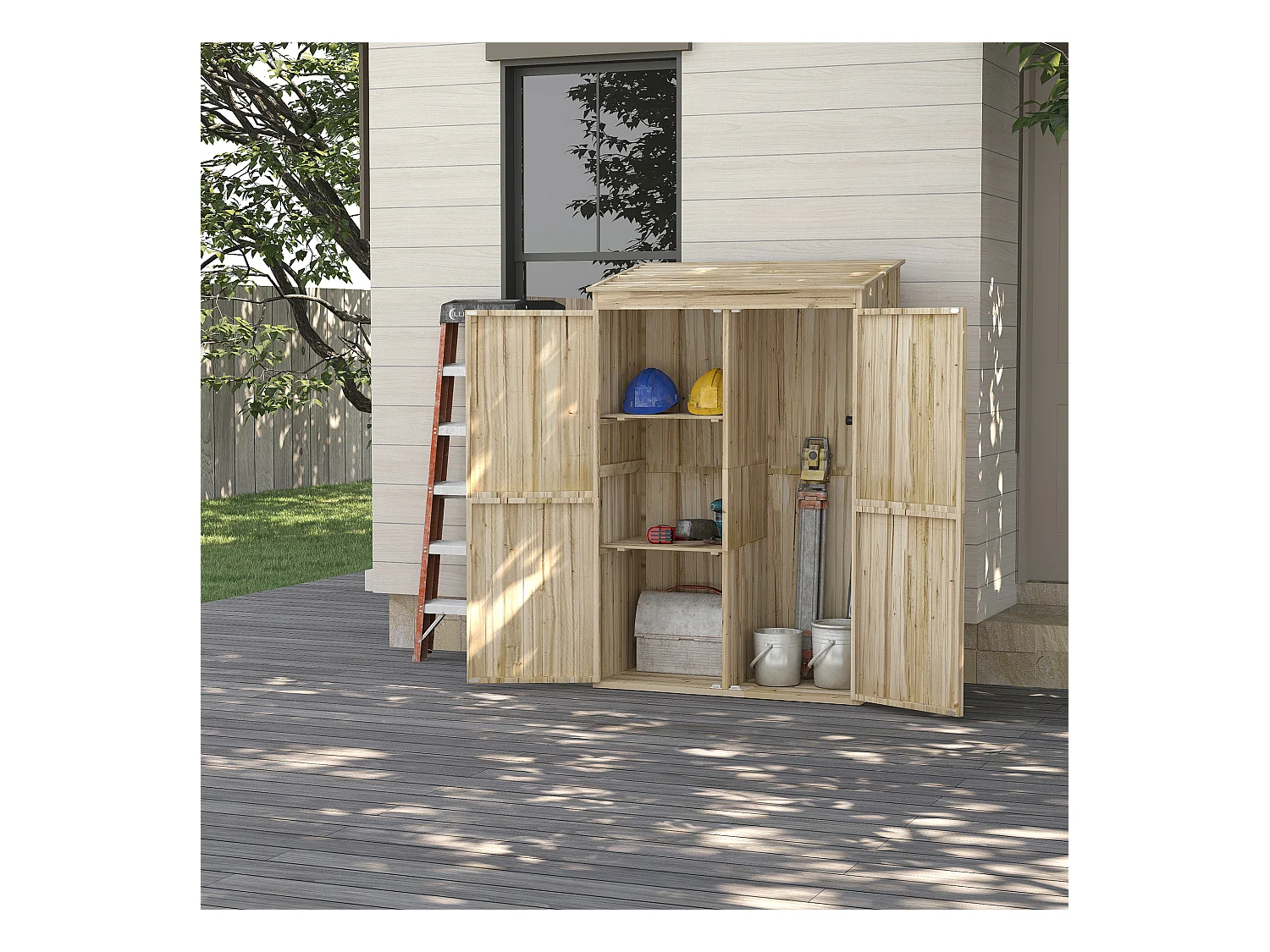 Armoire de jardin 2 portes bois - 2 étagères, grand compartiment - 120 x 57 x 183 cm - sapin pré-huilé