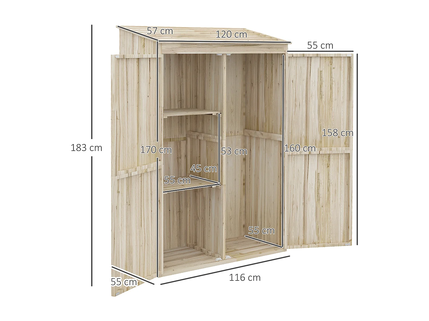 Armoire de jardin 2 portes bois - 2 étagères, grand compartiment - 120 x 57 x 183 cm - sapin pré-huilé