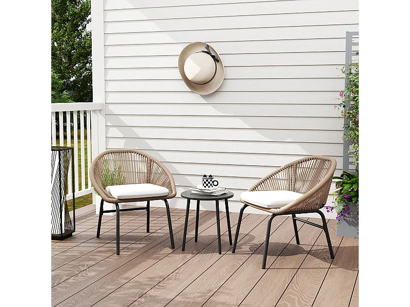 Ensemble salon de jardin 3 pièces 2 personnes avec coussins kaki