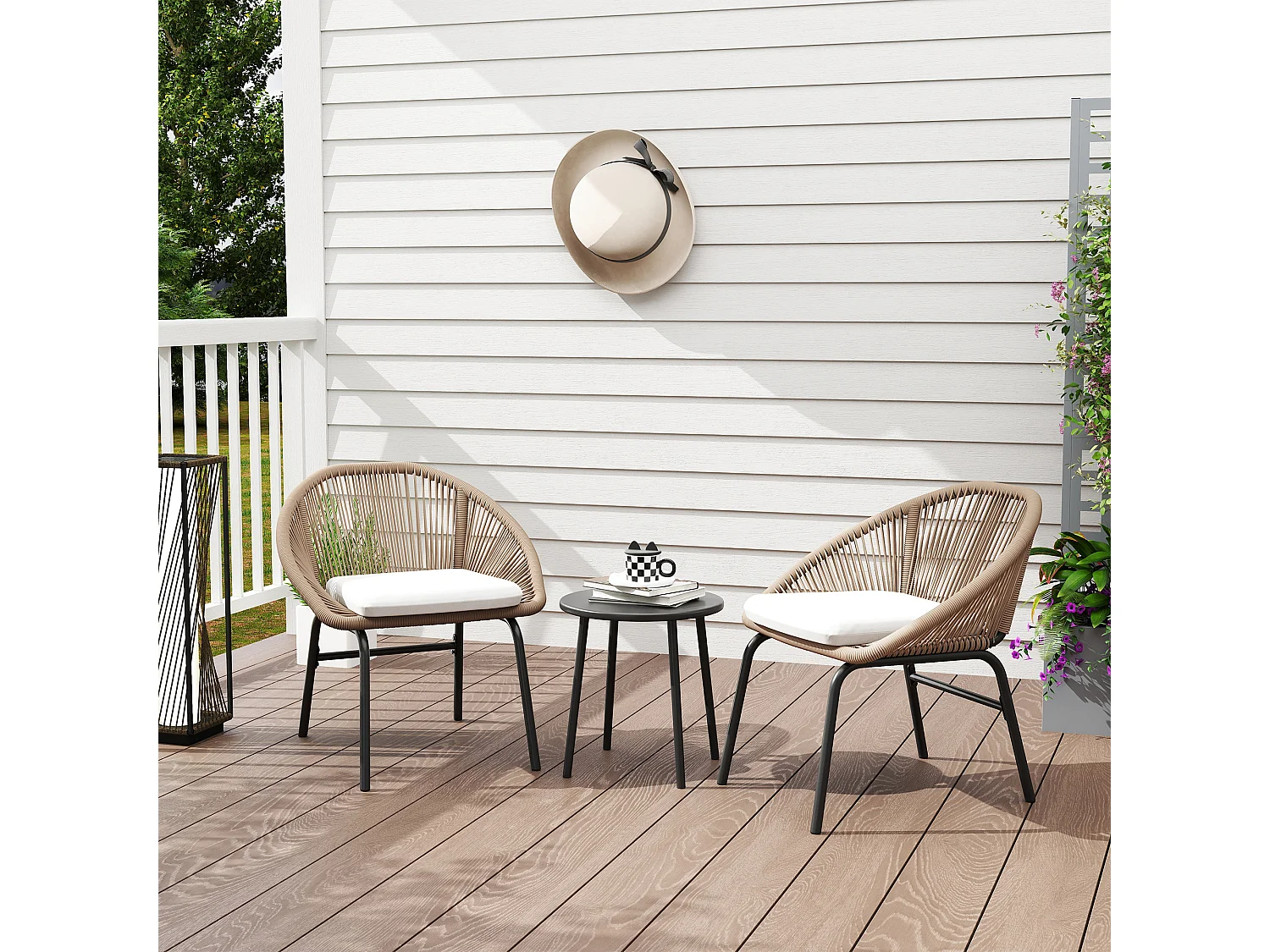 Ensemble salon de jardin 3 pièces 2 personnes avec coussins kaki