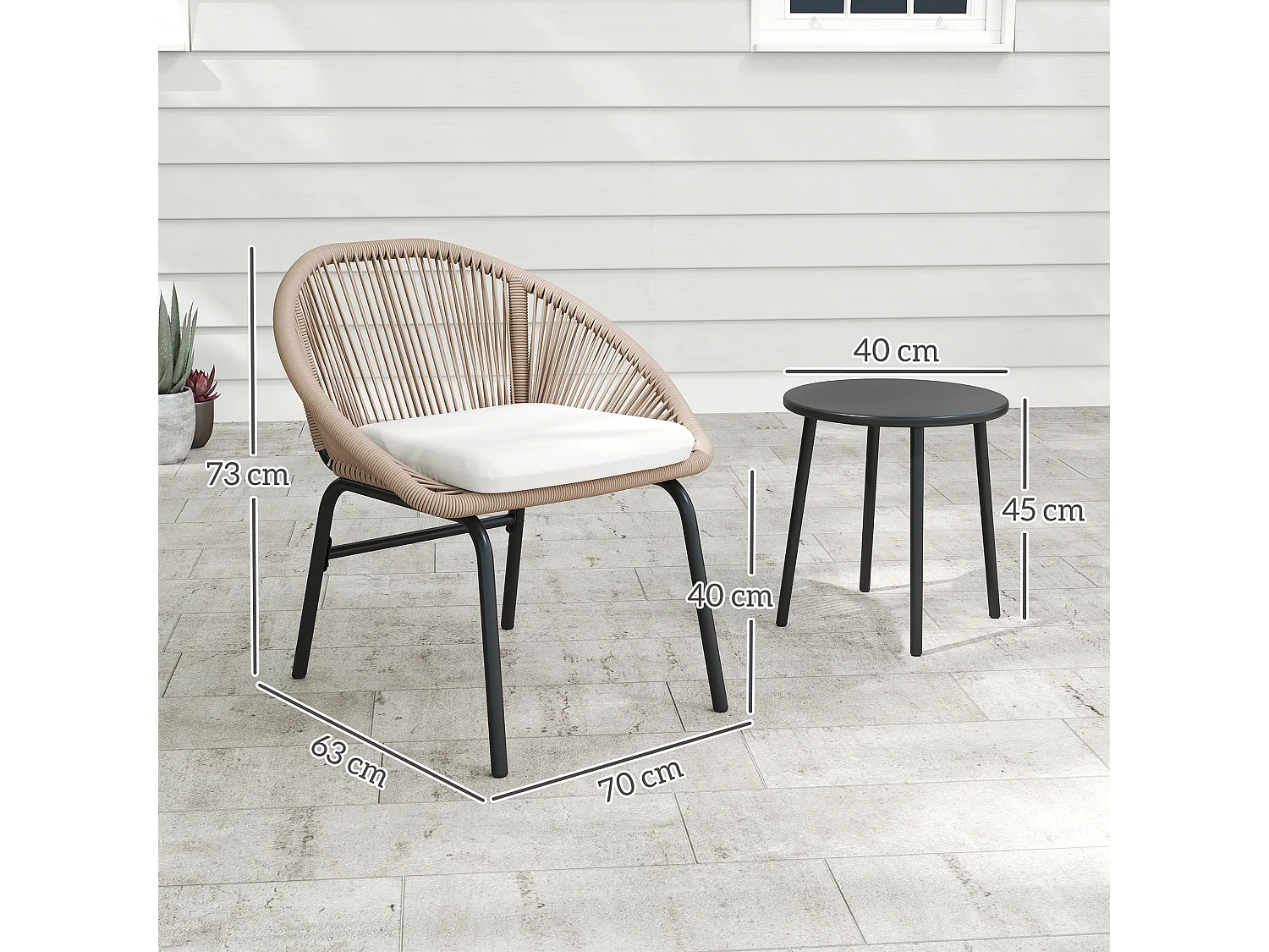 Ensemble salon de jardin 3 pièces 2 personnes avec coussins kaki