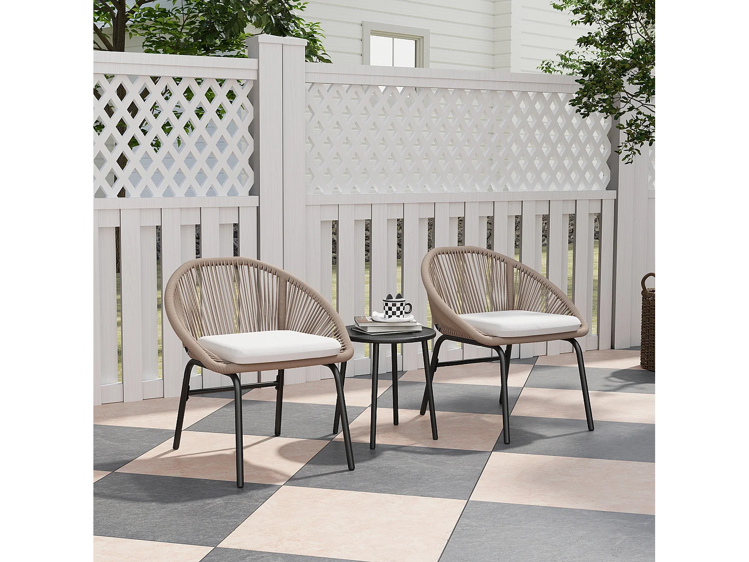 Ensemble salon de jardin 3 pièces 2 personnes avec coussins kaki