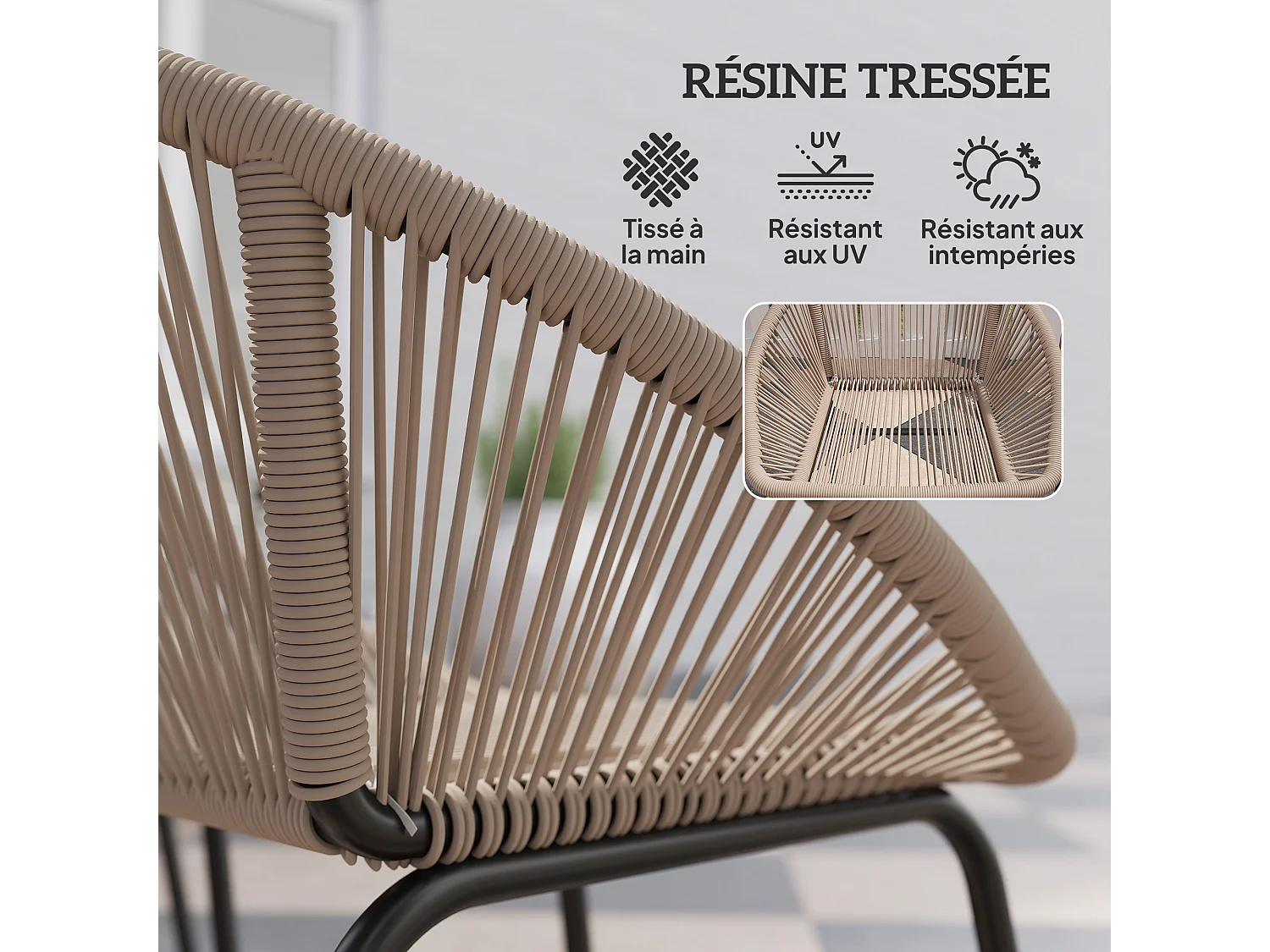 Ensemble salon de jardin 3 pièces 2 personnes avec coussins kaki