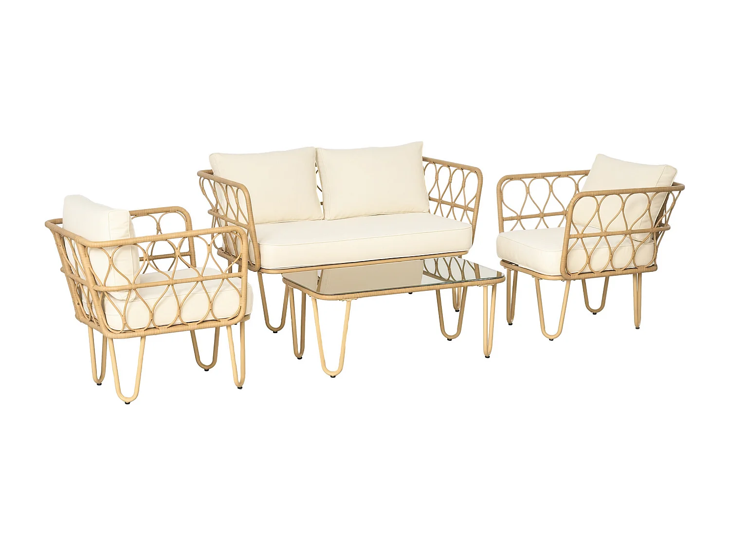 Salon de jardin 4 places 4 pièces style colonial résine tressée aspect rotin coussins écrus