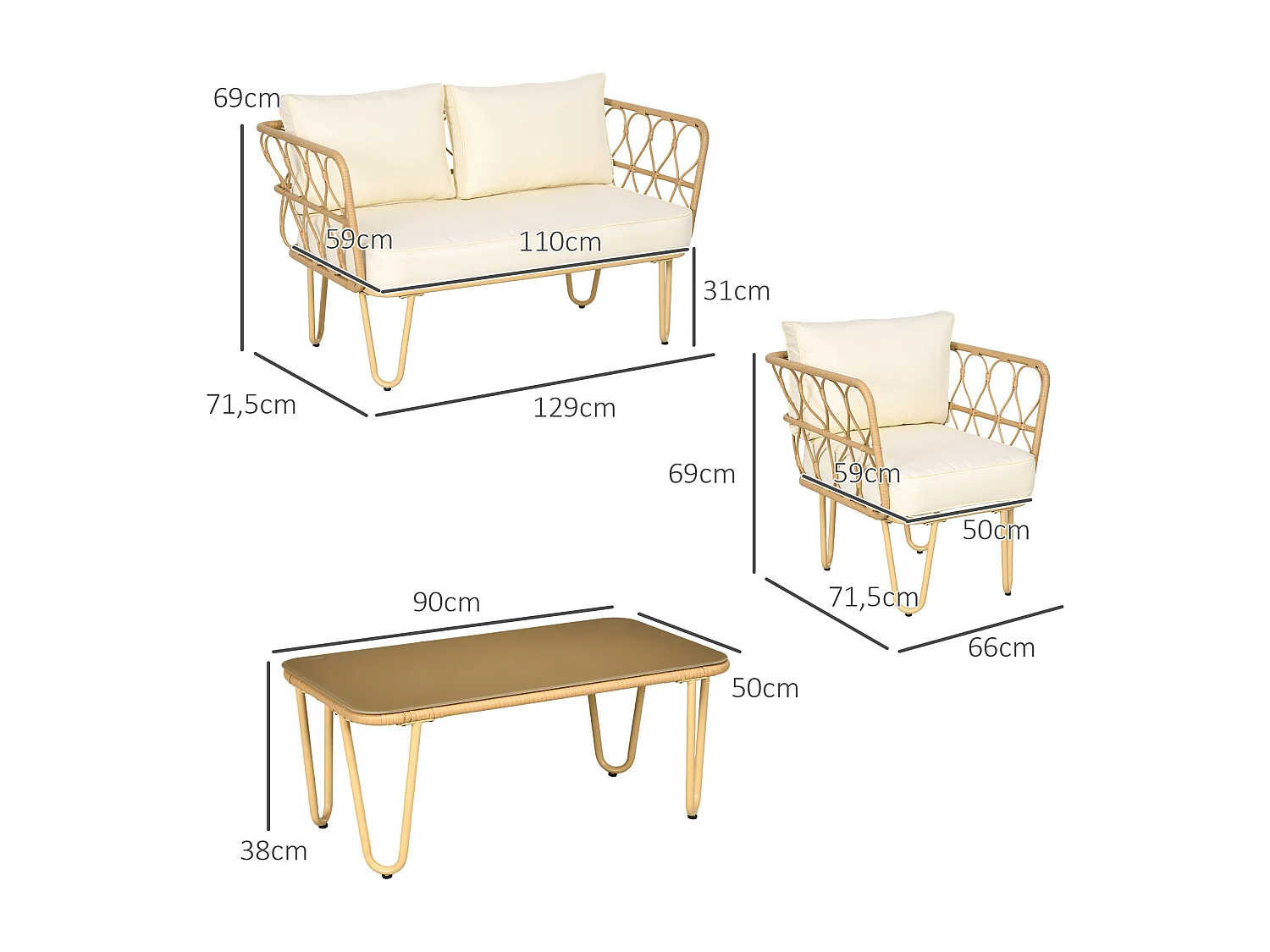 Salon de jardin 4 places 4 pièces style colonial résine tressée aspect rotin coussins écrus