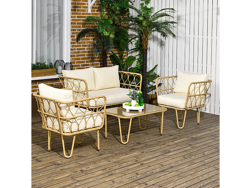 Salon de jardin 4 places 4 pièces style colonial résine tressée aspect rotin coussins écrus