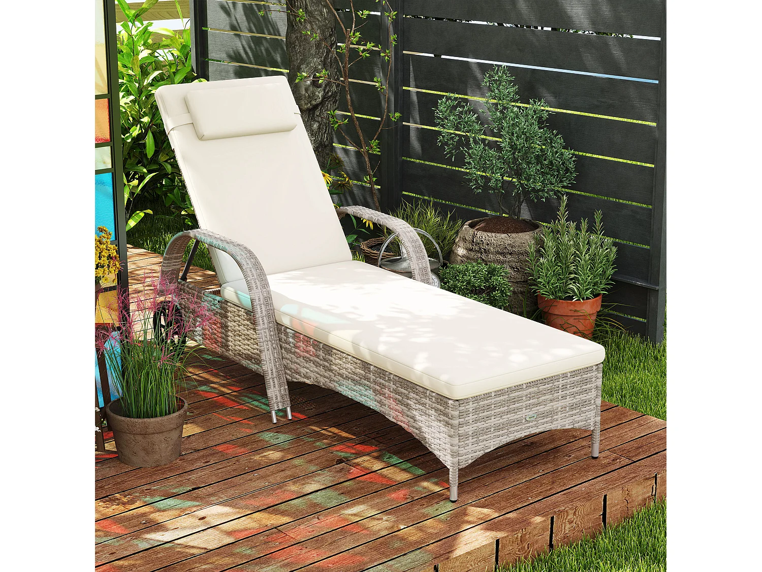 Transat bain de soleil grand confort : matelas, têtière, inclinaison réglable multipositions, accoudoirs, roulettes résine tressée gris clair