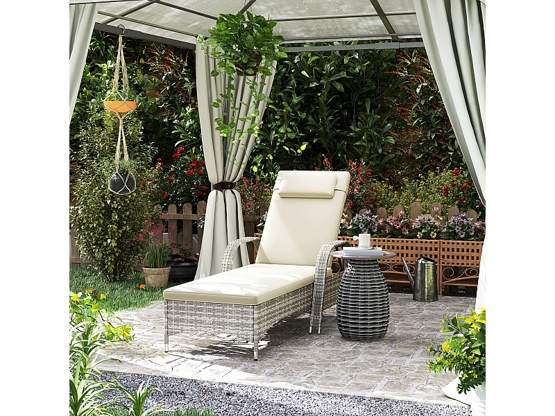 Transat bain de soleil grand confort : matelas, têtière, inclinaison réglable multipositions, accoudoirs, roulettes résine tressée gris clair