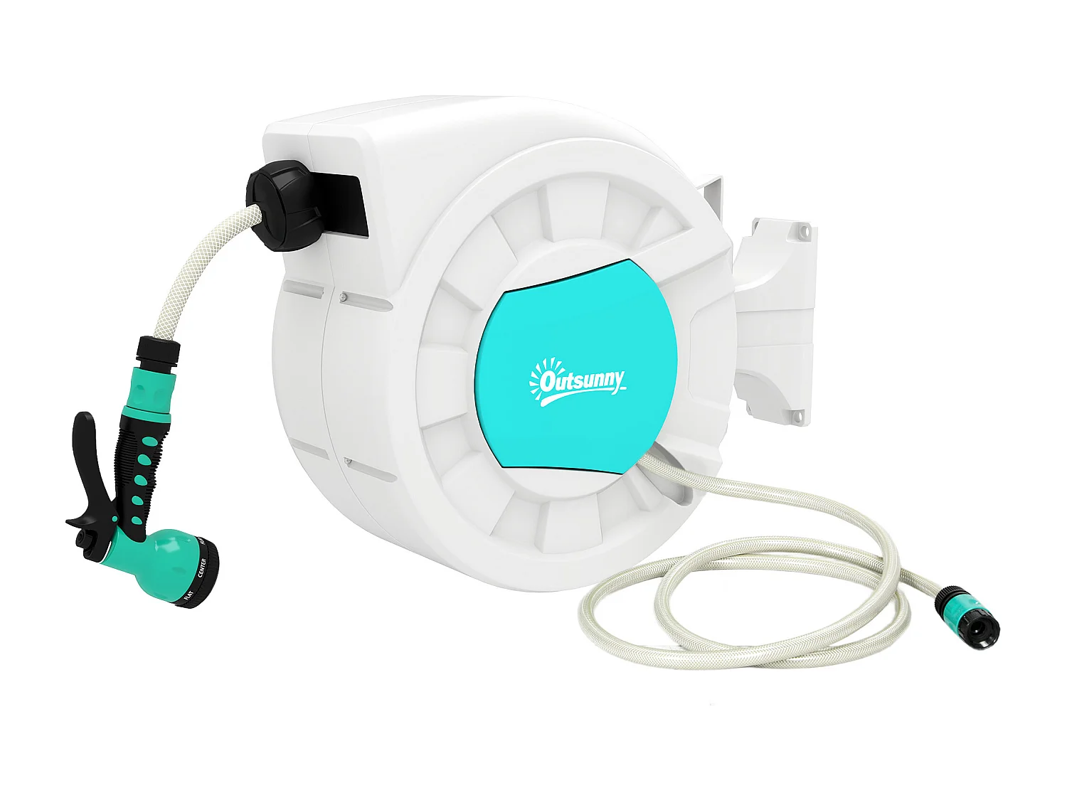 Dévidoir mural enrouleur automatique pivotant 180° tuyau 25 + 2 m avec lance arrosage 7 modes support mural intégré gris clair bleu