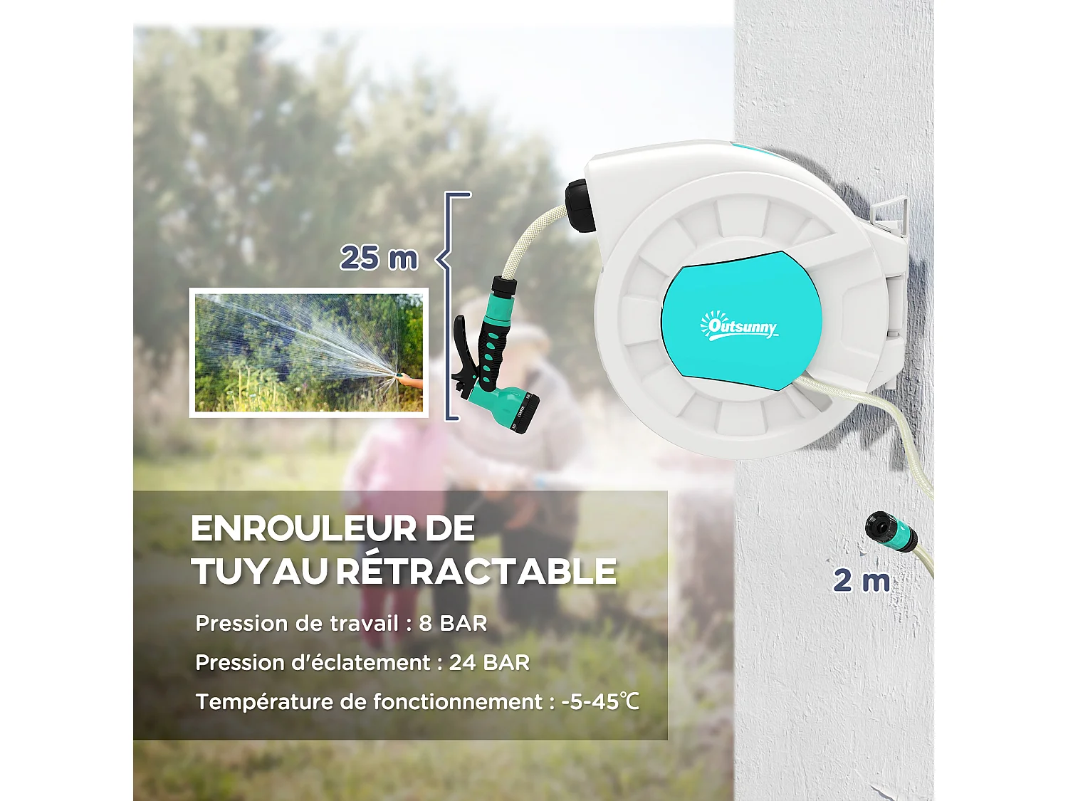 Dévidoir mural enrouleur automatique pivotant 180° tuyau 25 + 2 m avec lance arrosage 7 modes support mural intégré gris clair bleu