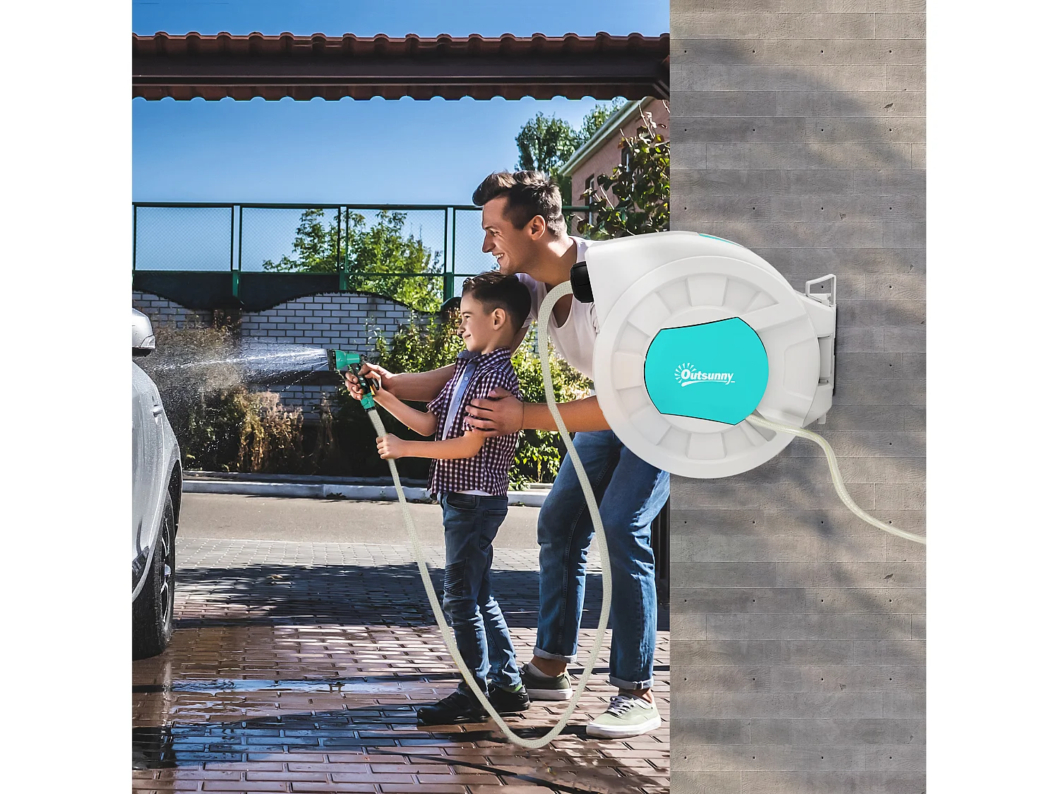 Dévidoir mural enrouleur automatique pivotant 180° tuyau 25 + 2 m avec lance arrosage 7 modes support mural intégré gris clair bleu