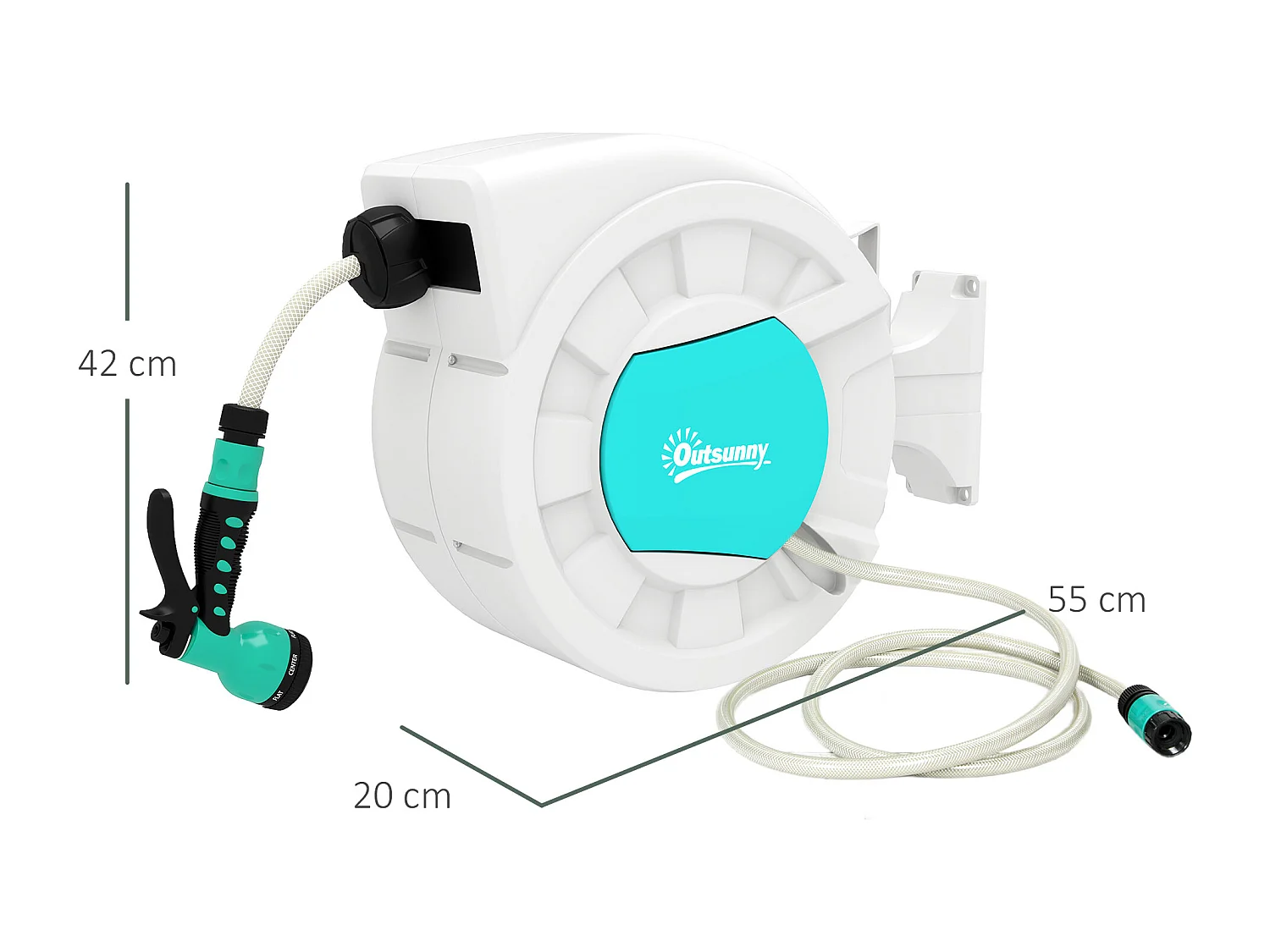 Dévidoir mural enrouleur automatique pivotant 180° tuyau 25 + 2 m avec lance arrosage 7 modes support mural intégré gris clair bleu