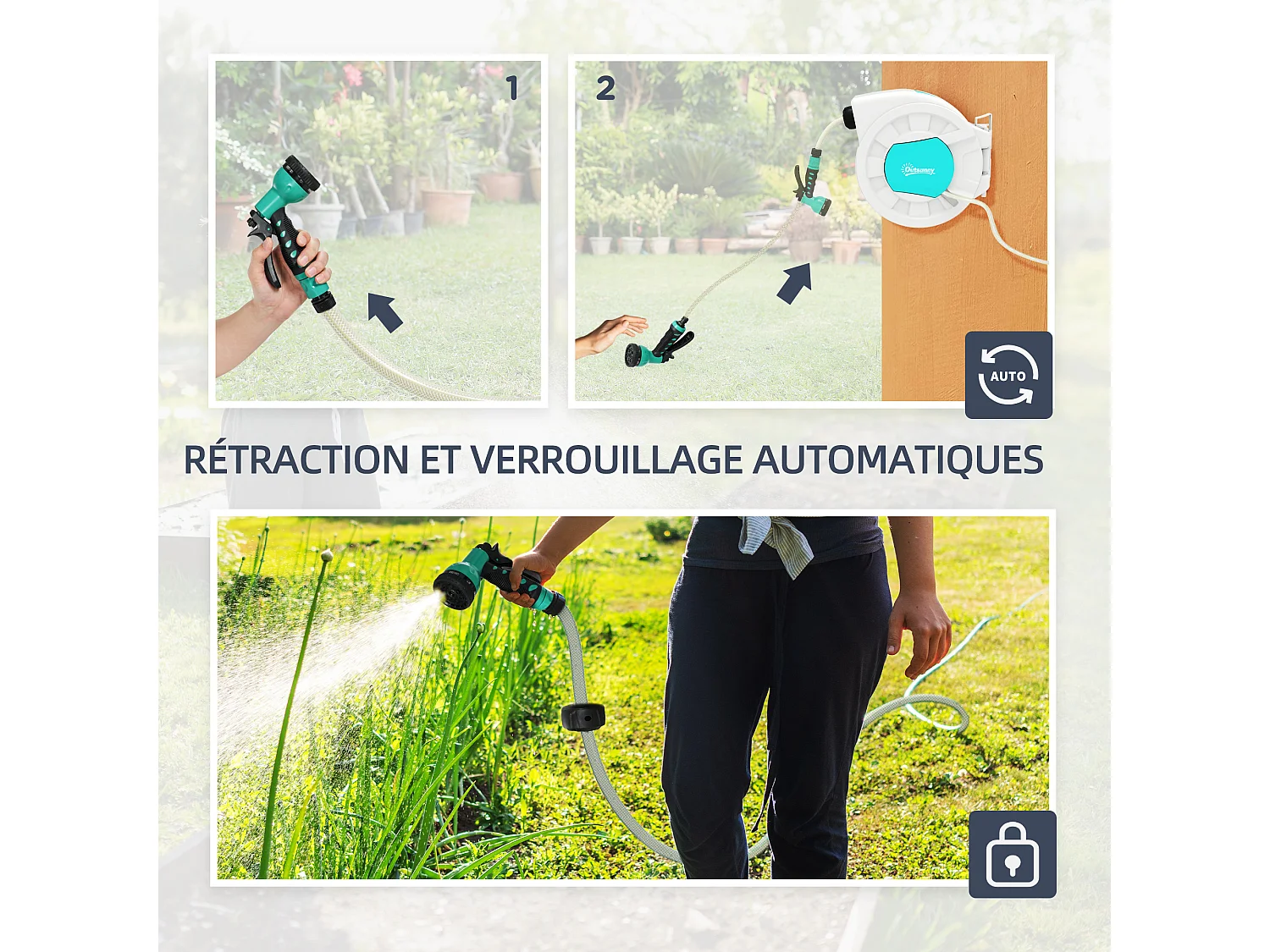 Dévidoir mural enrouleur automatique pivotant 180° tuyau 25 + 2 m avec lance arrosage 7 modes support mural intégré gris clair bleu