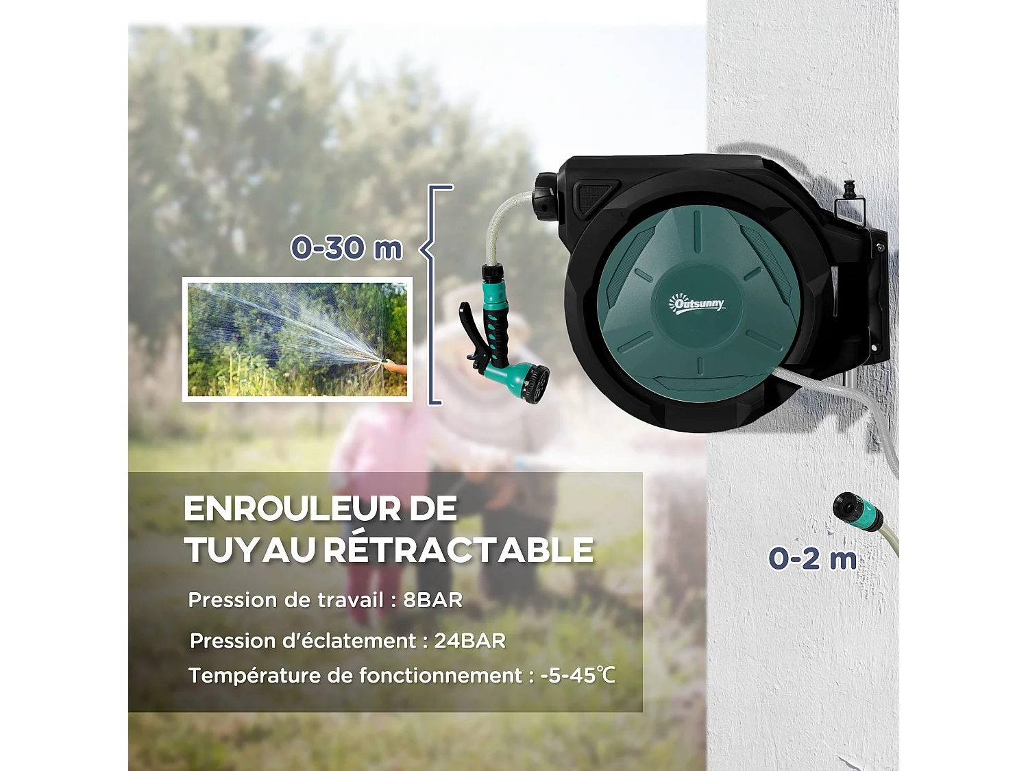 Dévidoir mural enrouleur automatique pivotant 180° tuyau 30 + 2 m avec lance arrosage 7 modes support mural intégré vert noir