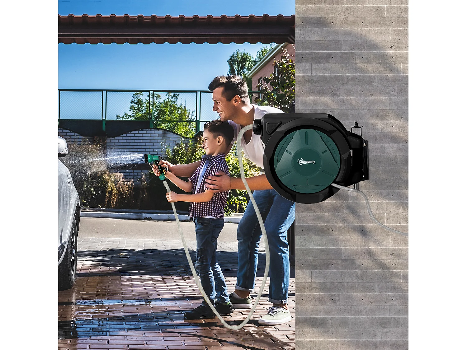 Dévidoir mural enrouleur automatique pivotant 180° tuyau 30 + 2 m avec lance arrosage 7 modes support mural intégré vert noir