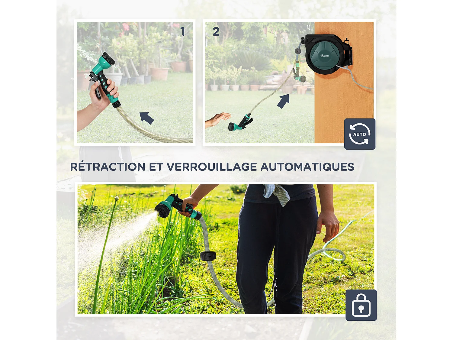 Dévidoir mural enrouleur automatique pivotant 180° tuyau 30 + 2 m avec lance arrosage 7 modes support mural intégré vert noir