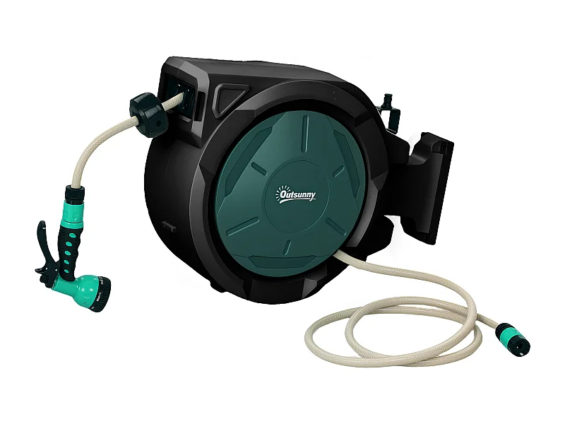 Dévidoir mural enrouleur automatique pivotant 180° tuyau 30 + 2 m avec lance arrosage 7 modes support mural intégré vert noir