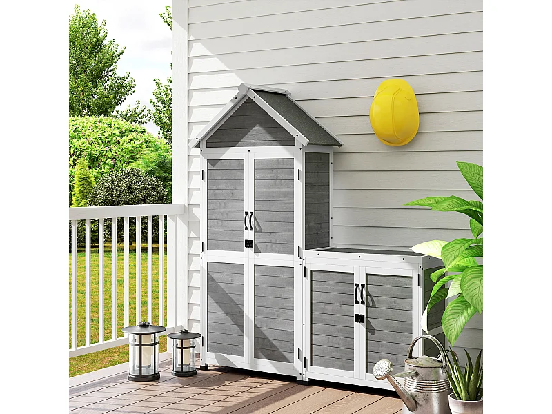 Ensemble armoire de jardin avec coffre extérieur assorti - 2 + 2 portes - 3 + 1 étagères - toit bitumé noir bois gris blanc