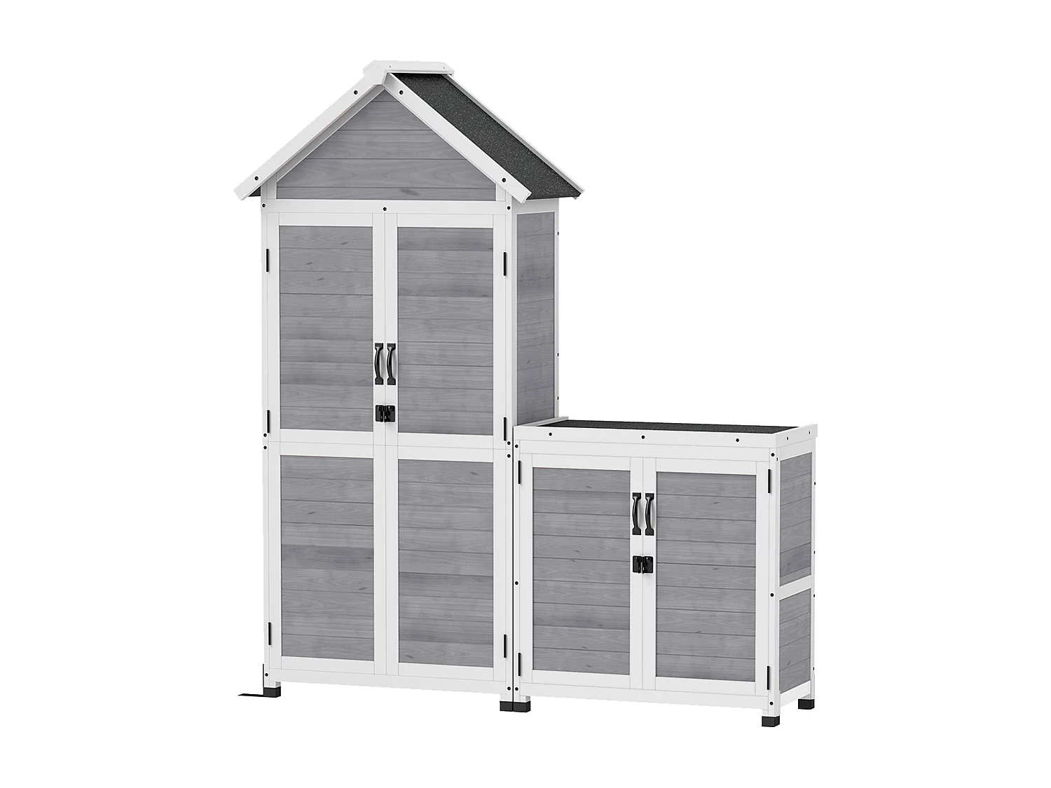Ensemble armoire de jardin avec coffre extérieur assorti - 2 + 2 portes - 3 + 1 étagères - toit bitumé noir bois gris blanc