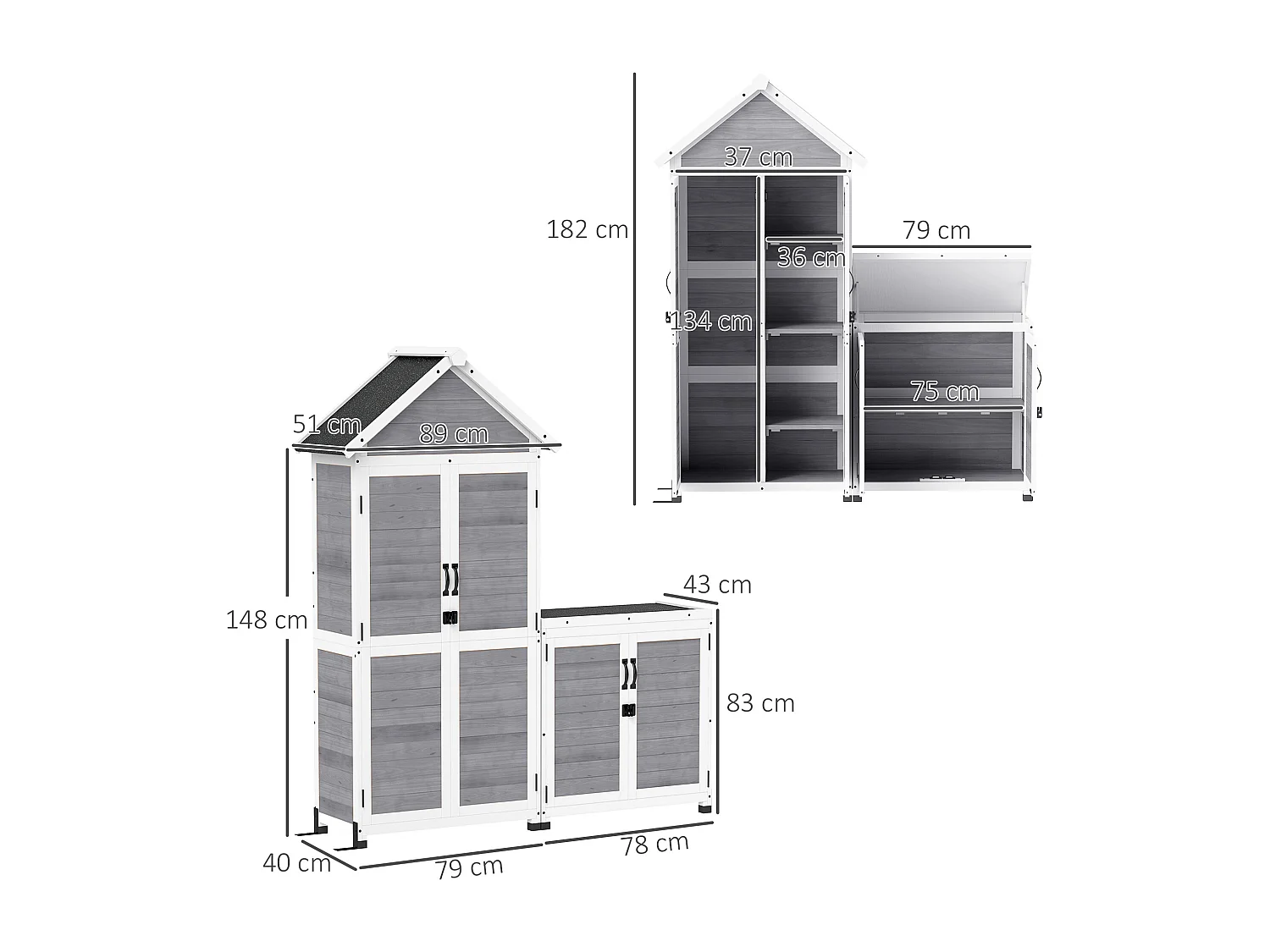 Ensemble armoire de jardin avec coffre extérieur assorti - 2 + 2 portes - 3 + 1 étagères - toit bitumé noir bois gris blanc