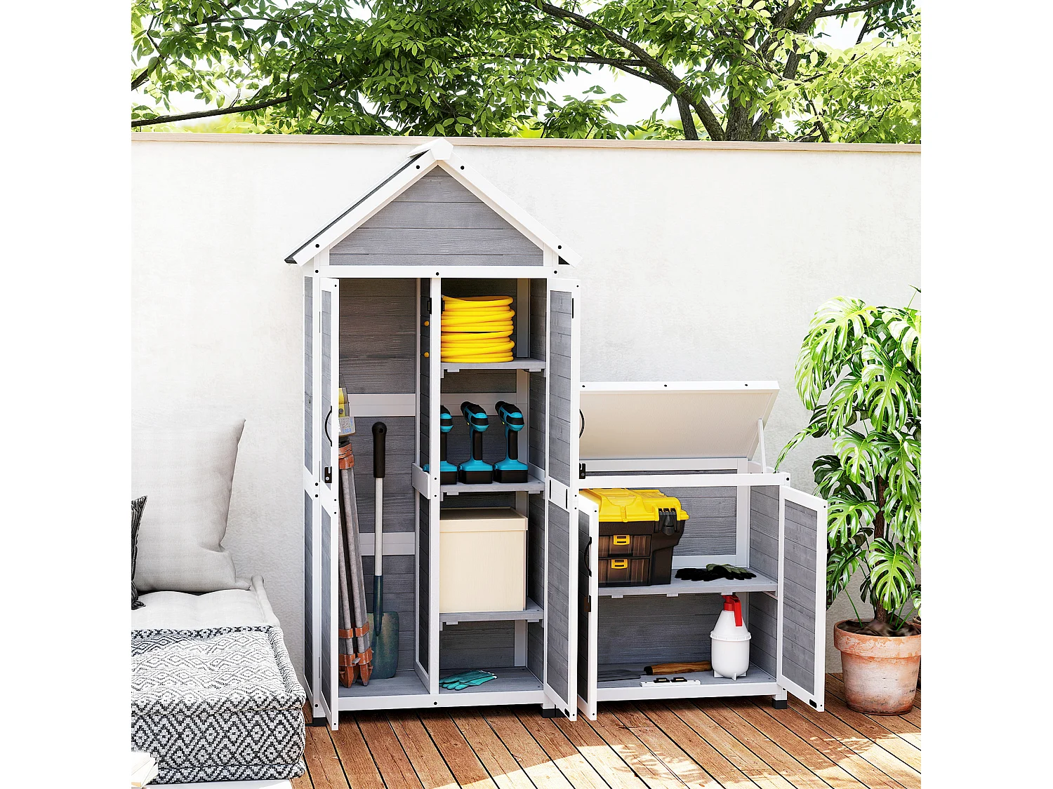 Ensemble armoire de jardin avec coffre extérieur assorti - 2 + 2 portes - 3 + 1 étagères - toit bitumé noir bois gris blanc