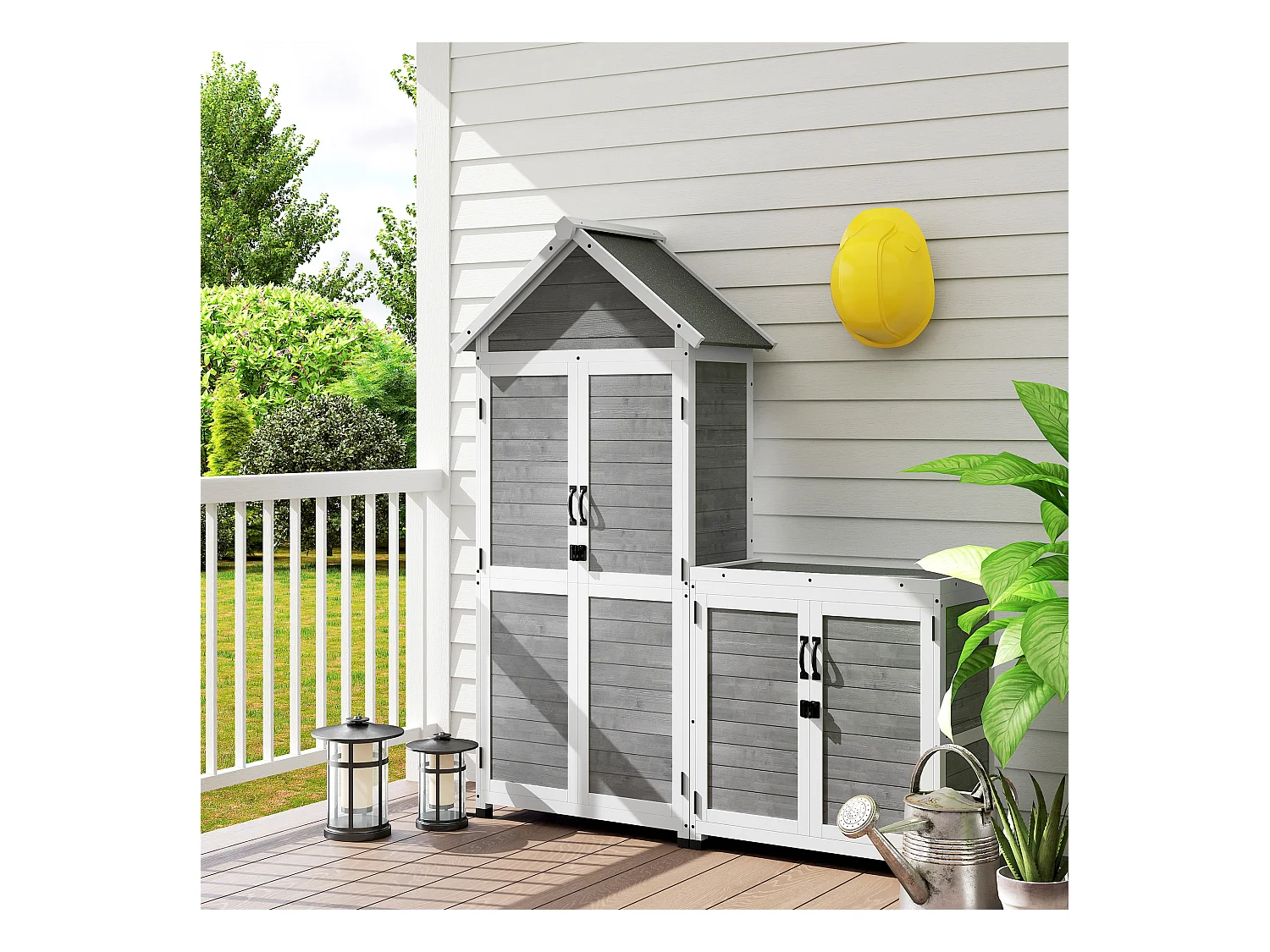 Ensemble armoire de jardin avec coffre extérieur assorti - 2 + 2 portes - 3 + 1 étagères - toit bitumé noir bois gris blanc