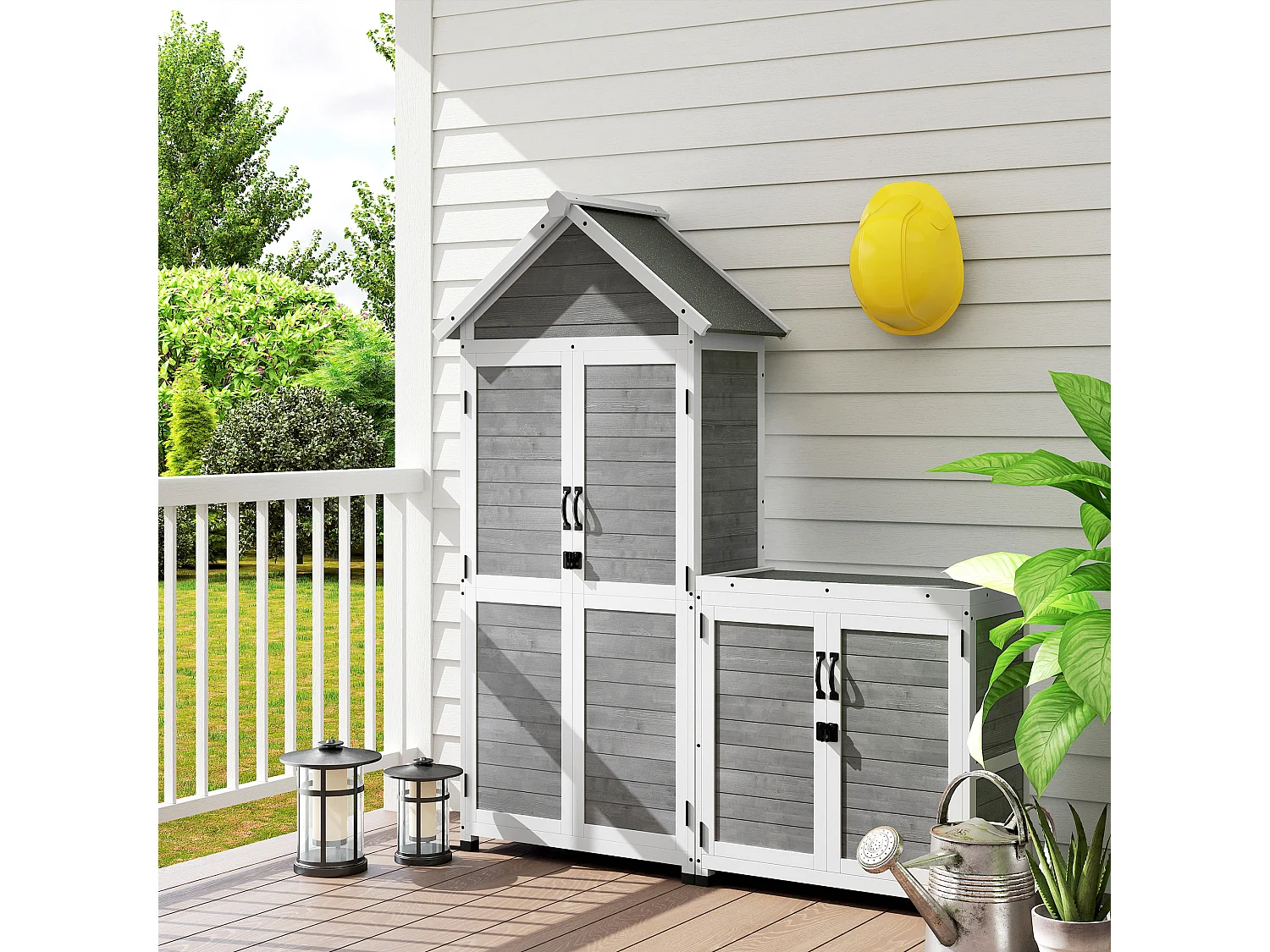 Ensemble armoire de jardin avec coffre extérieur assorti - 2 + 2 portes - 3 + 1 étagères - toit bitumé noir bois gris blanc