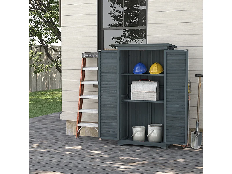 Armoire de jardin abri jardin remise pour outils sur pied 2 étagères portes persiennes toit bitumé étanche bois sapin pré-huilé gris