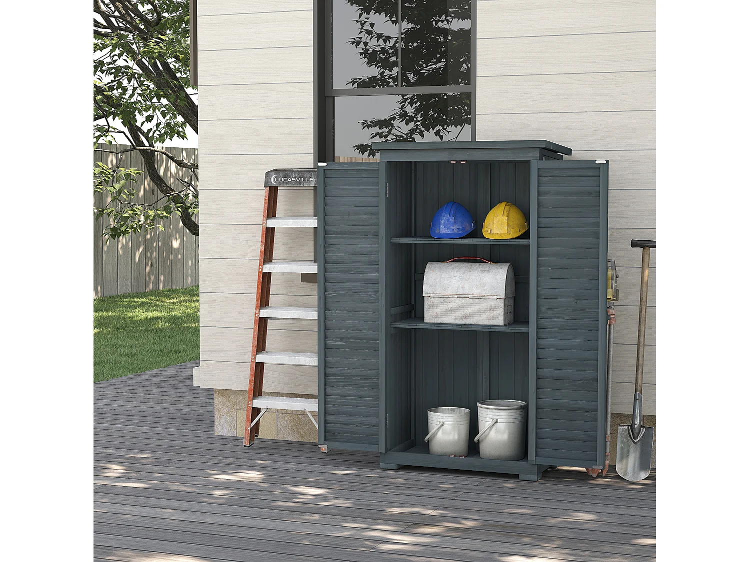 Armoire de jardin abri jardin remise pour outils sur pied 2 étagères portes persiennes toit bitumé étanche bois sapin pré-huilé gris