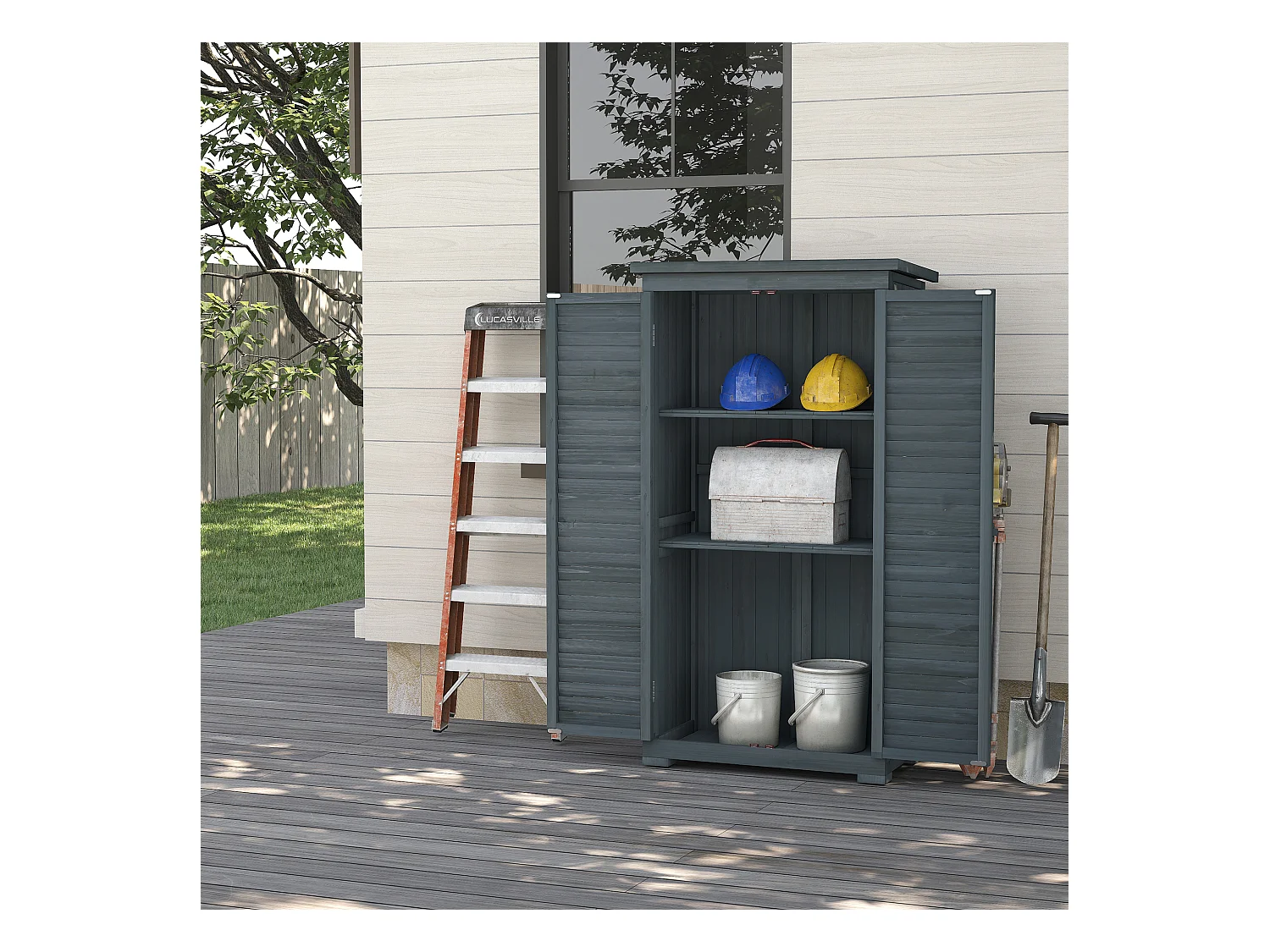Armoire de jardin abri jardin remise pour outils sur pied 2 étagères portes persiennes toit bitumé étanche bois sapin pré-huilé gris