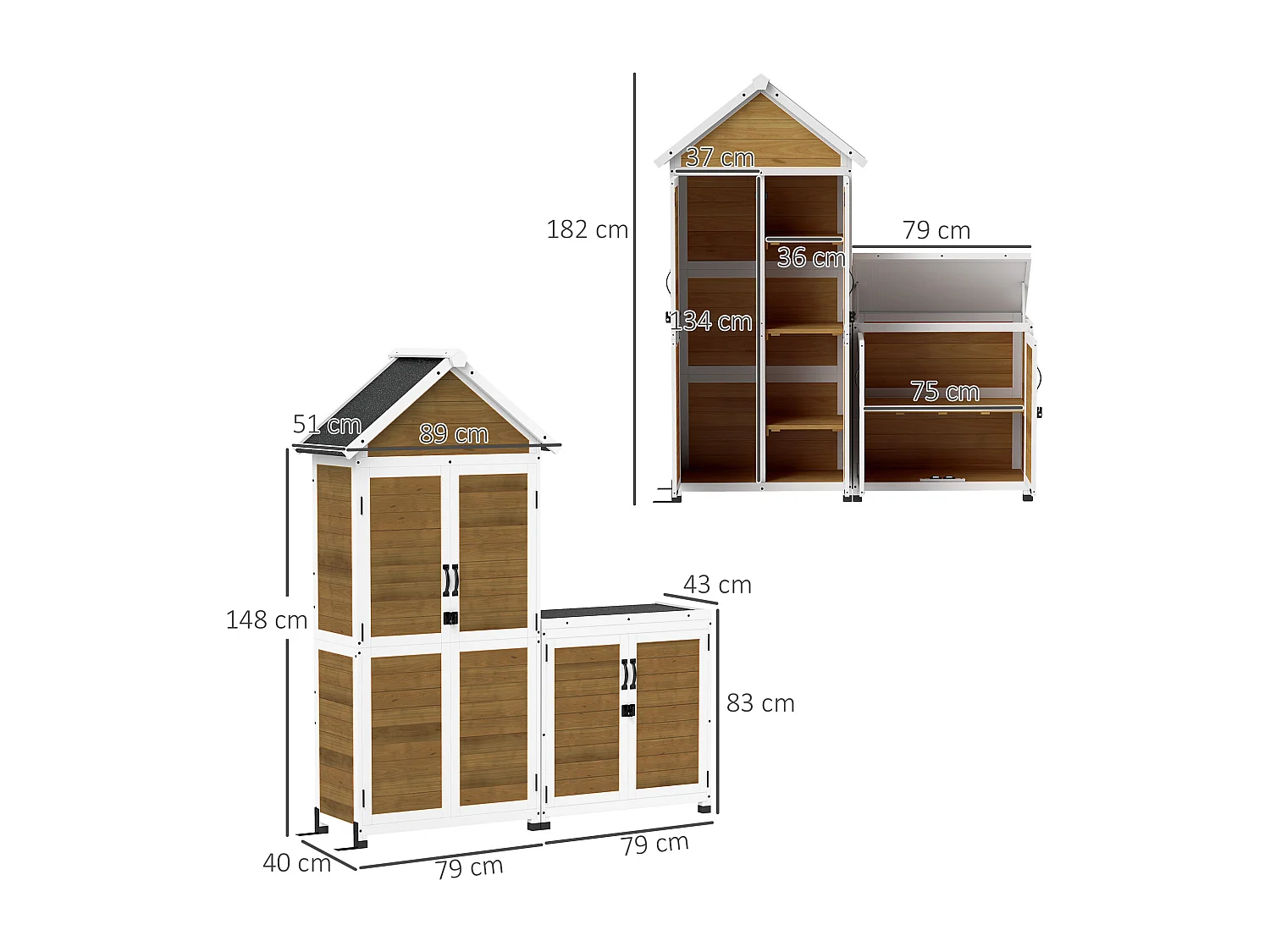 Ensemble armoire de jardin avec coffre extérieur assorti - 2 + 2 portes - 3 + 1 étagères - toit bitumé noir bois lasuré blanc