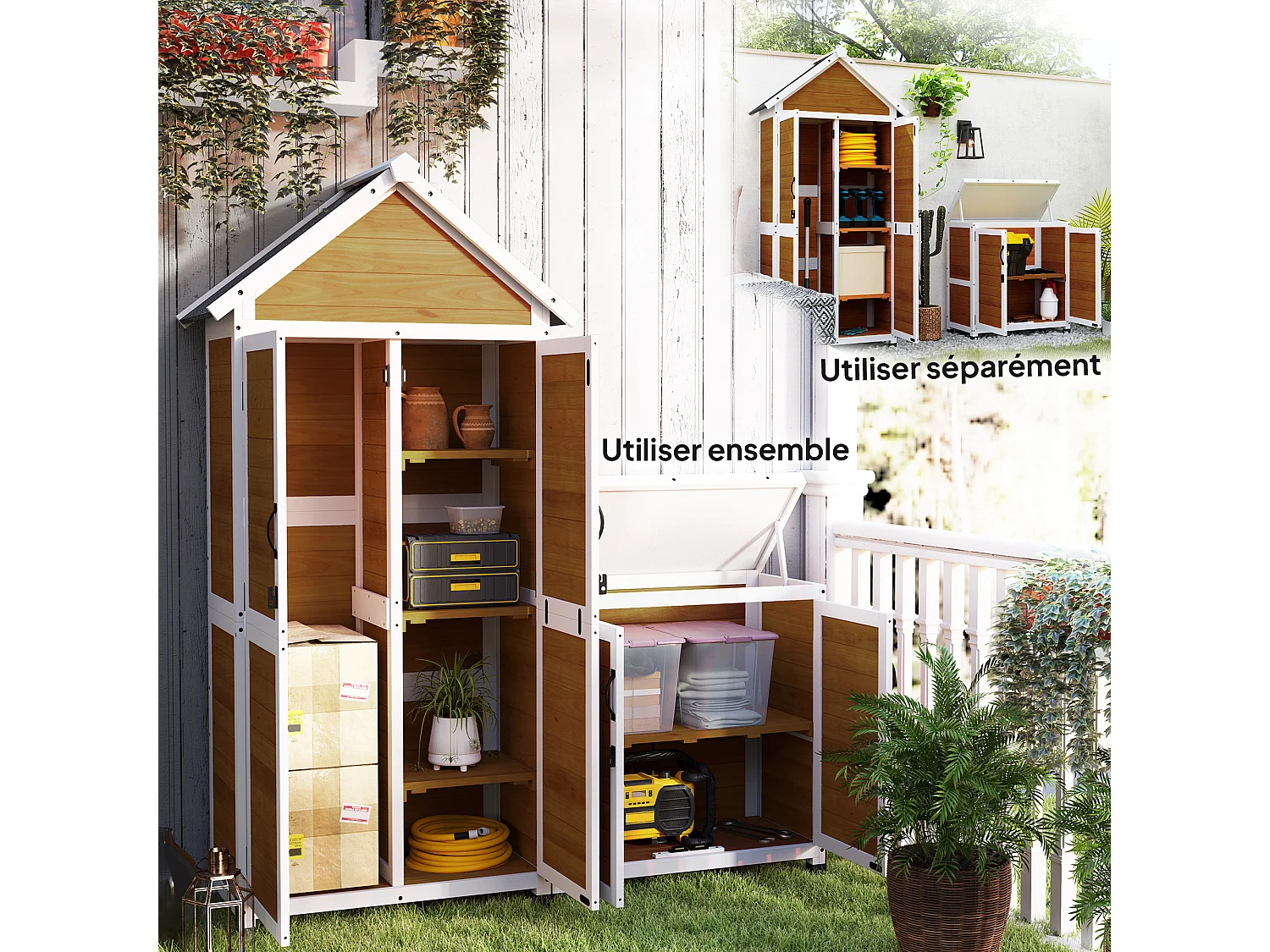 Ensemble armoire de jardin avec coffre extérieur assorti - 2 + 2 portes - 3 + 1 étagères - toit bitumé noir bois lasuré blanc