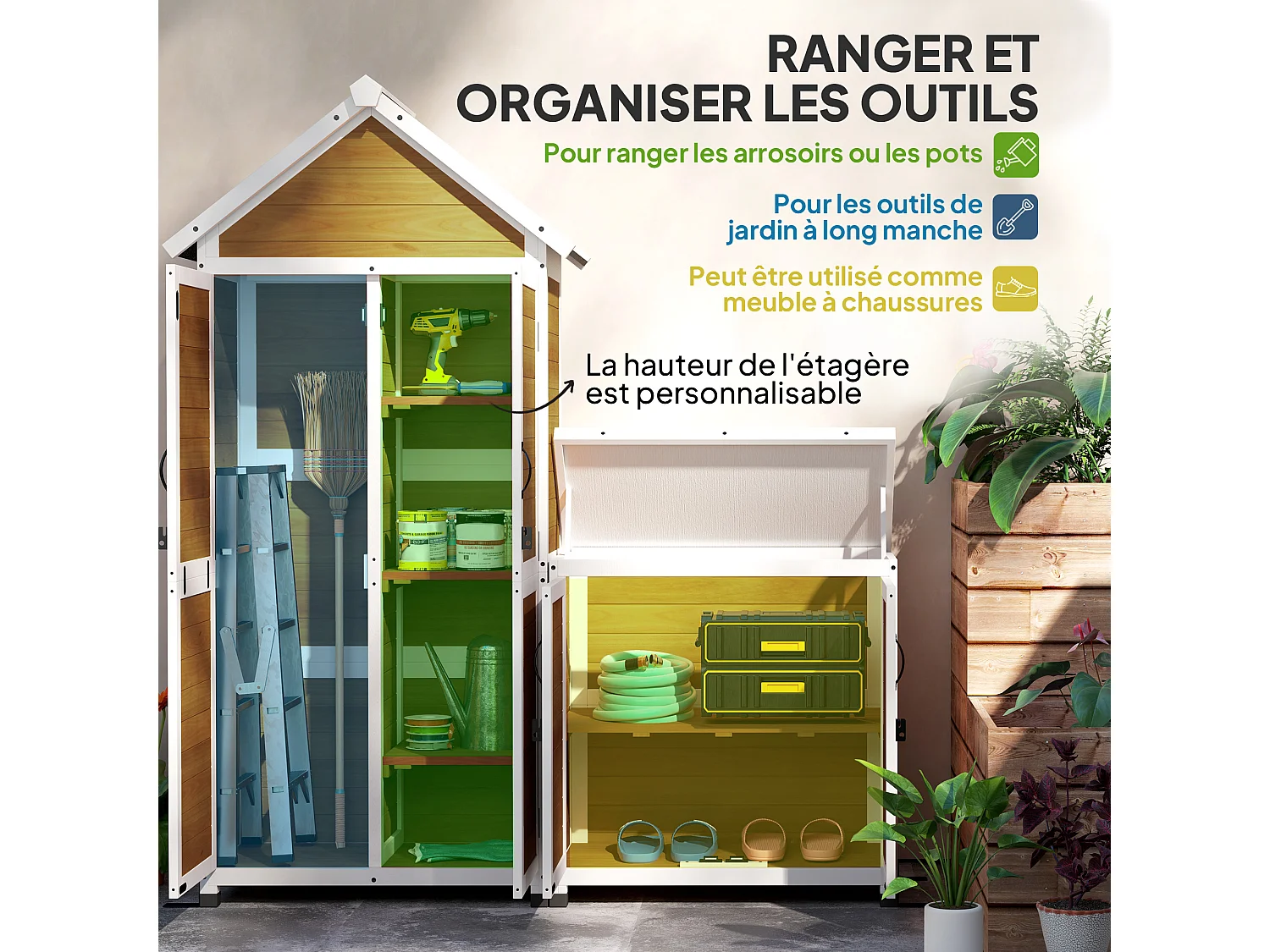 Ensemble armoire de jardin avec coffre extérieur assorti - 2 + 2 portes - 3 + 1 étagères - toit bitumé noir bois lasuré blanc