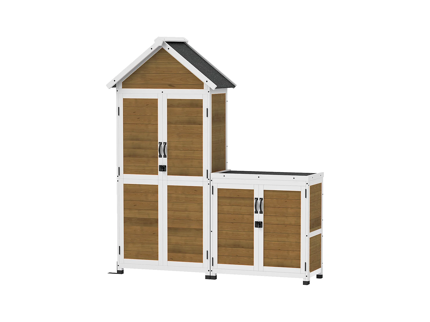 Ensemble armoire de jardin avec coffre extérieur assorti - 2 + 2 portes - 3 + 1 étagères - toit bitumé noir bois lasuré blanc