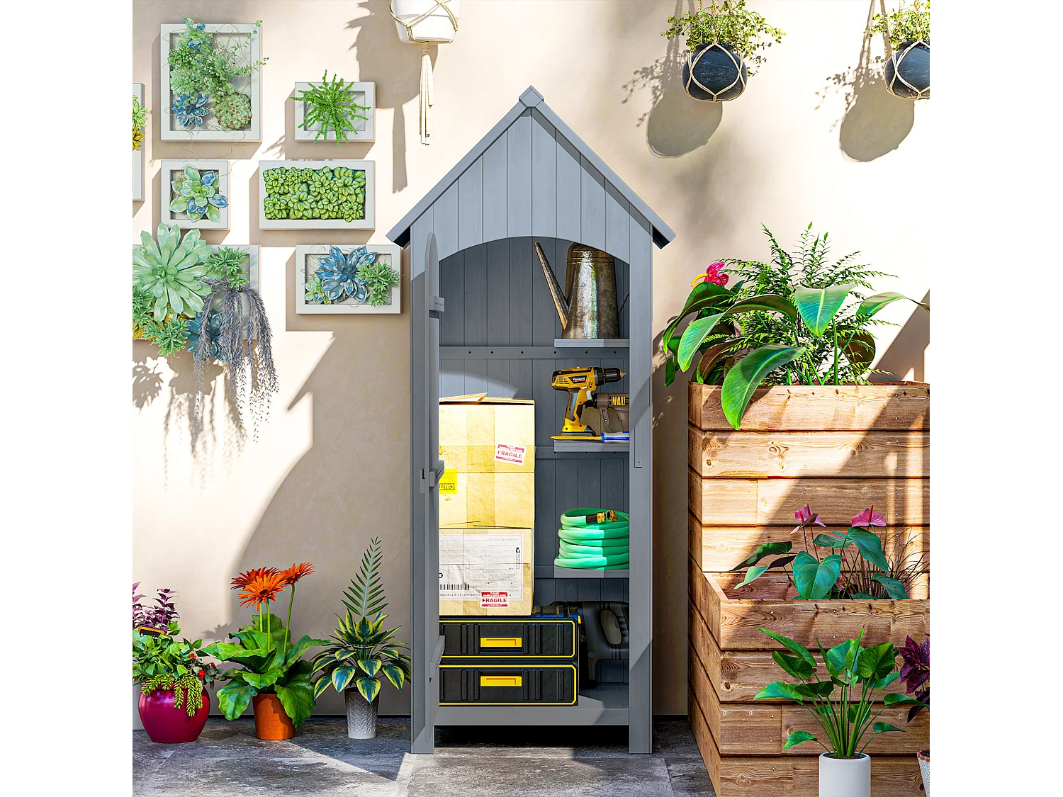 Armoire abri de jardin remise pour outils 3 étagères porte loquet toit pente bitumé dim. 77L x 54l x 179H cm bois sapin pré-huilé gris