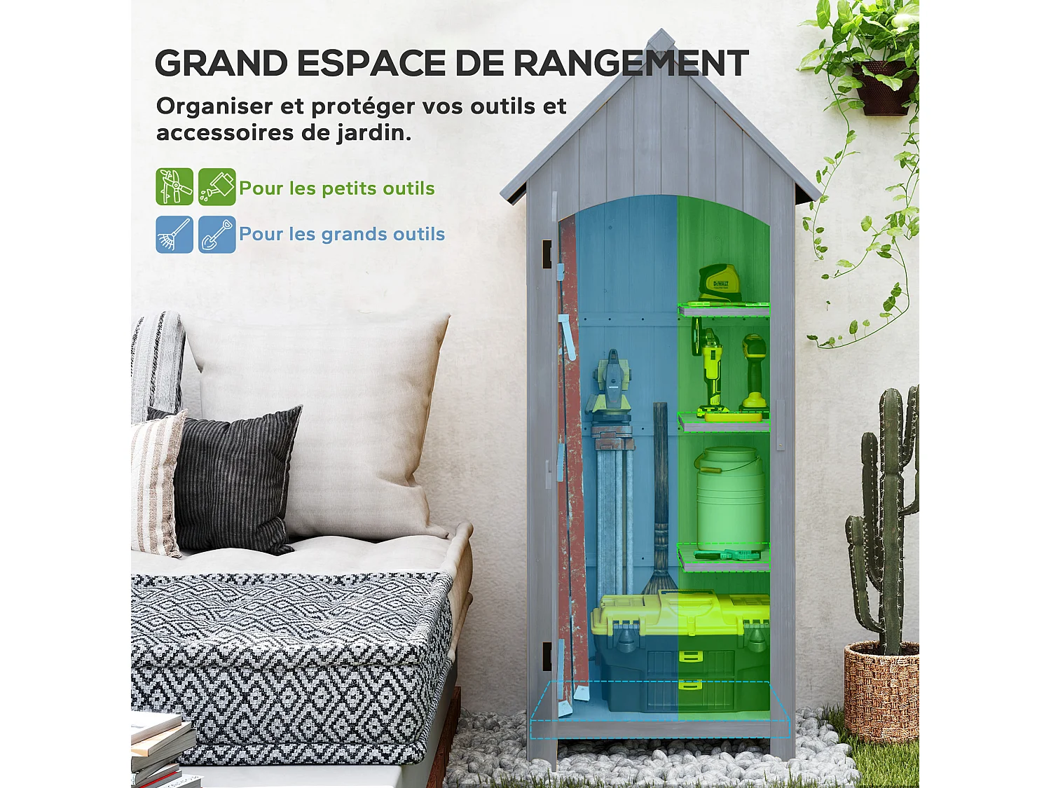 Armoire abri de jardin remise pour outils 3 étagères porte loquet toit pente bitumé dim. 77L x 54l x 179H cm bois sapin pré-huilé gris