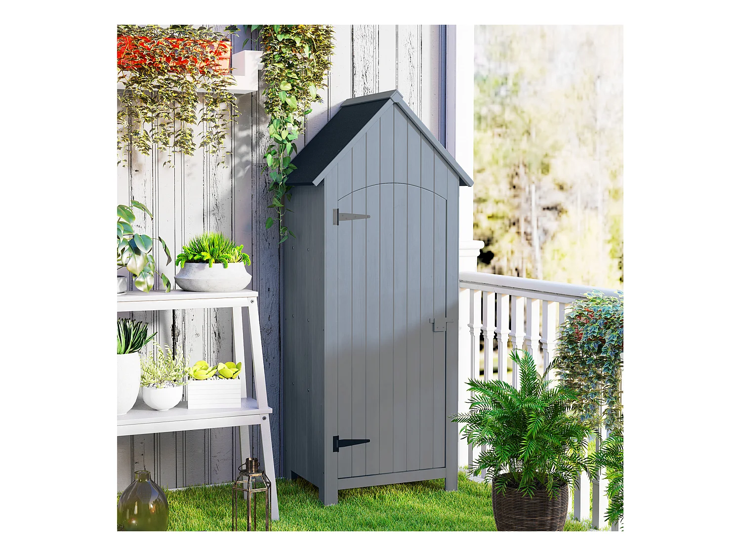 Armoire abri de jardin remise pour outils 3 étagères porte loquet toit pente bitumé dim. 77L x 54l x 179H cm bois sapin pré-huilé gris