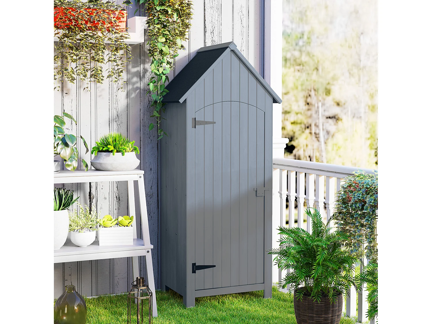 Armoire abri de jardin remise pour outils 3 étagères porte loquet toit pente bitumé dim. 77L x 54l x 179H cm bois sapin pré-huilé gris