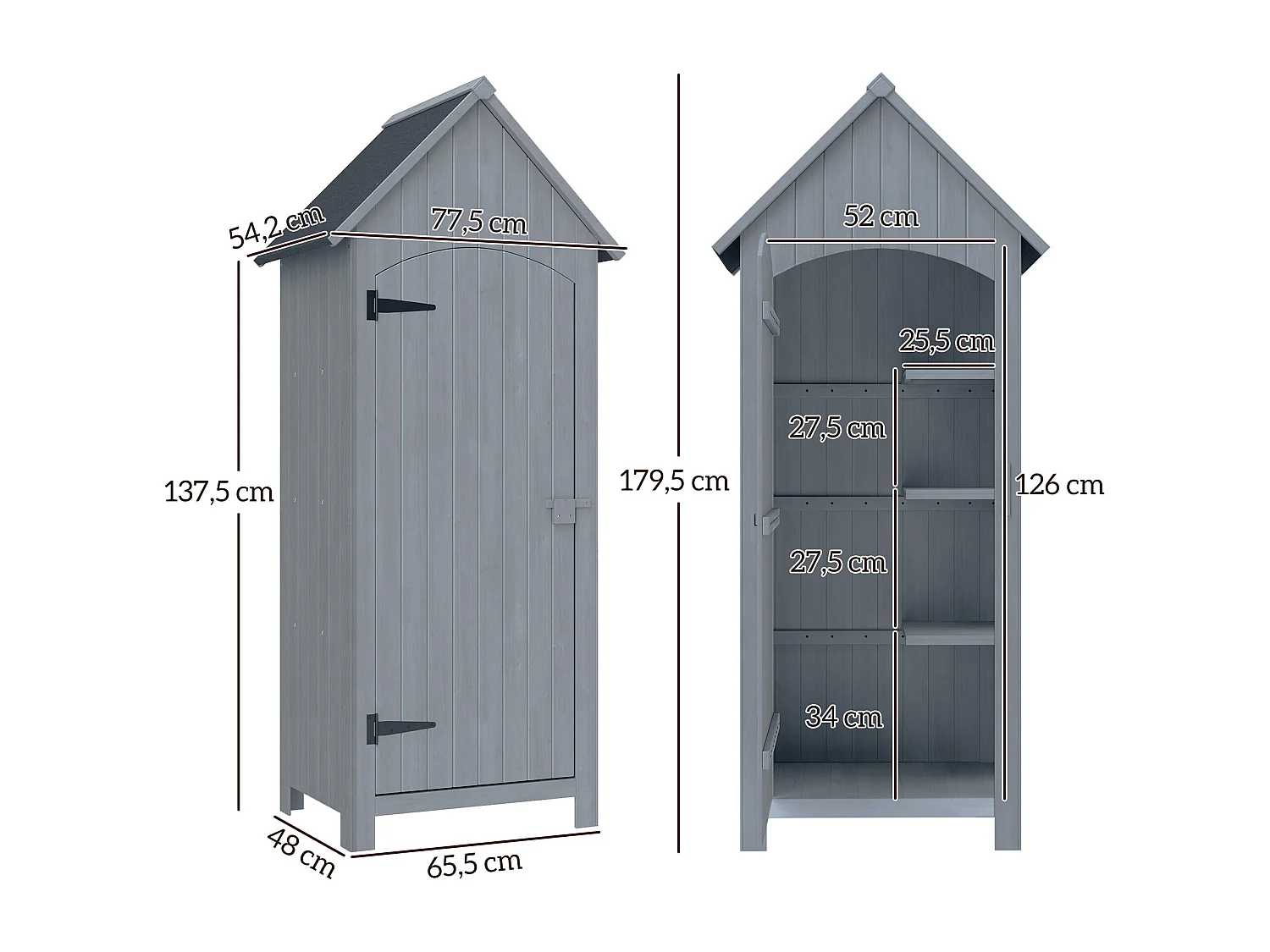 Armoire abri de jardin remise pour outils 3 étagères porte loquet toit pente bitumé dim. 77L x 54l x 179H cm bois sapin pré-huilé gris