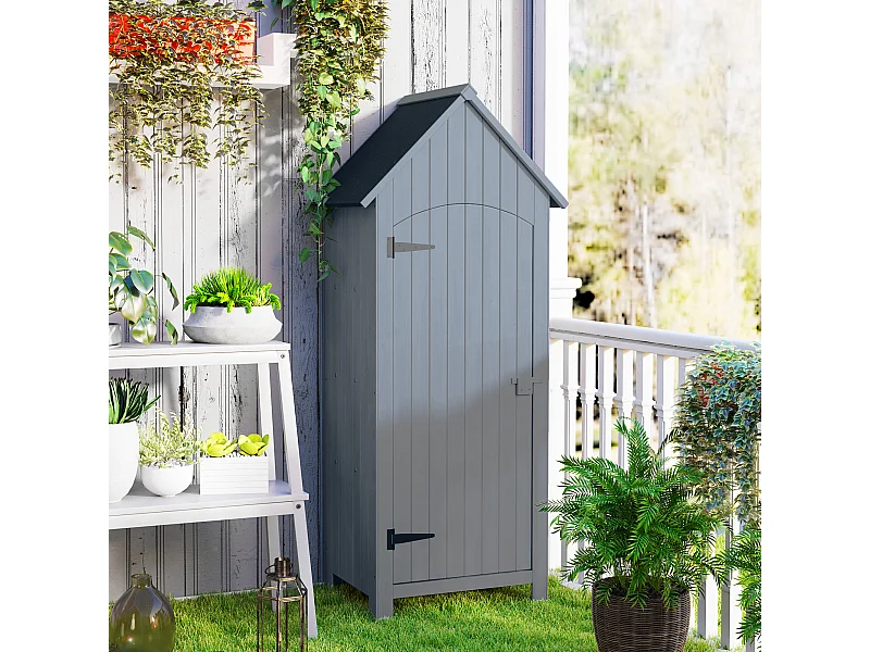 Armoire abri de jardin remise pour outils 3 étagères porte loquet toit pente bitumé dim. 77L x 54l x 179H cm bois sapin pré-huilé gris