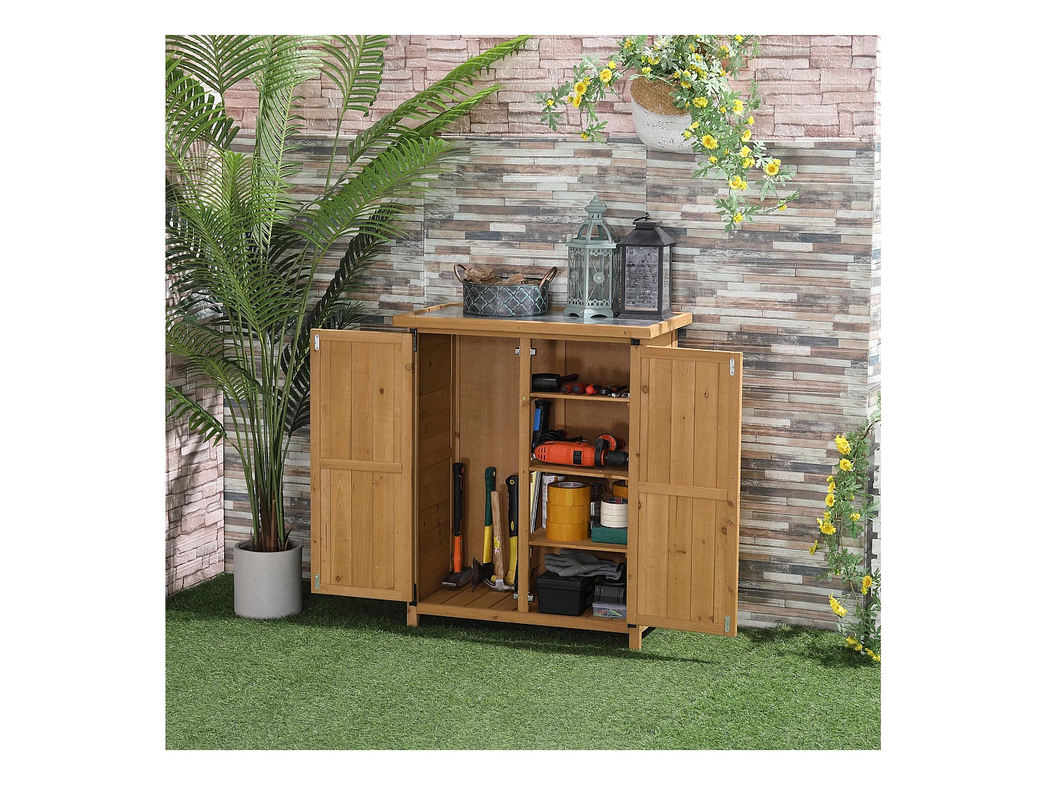 Abri de jardin armoire de jardin remise pour outils sur pied dim. 75L x 40l x 90H cm 3 étagères 2 portes toit tôle bois sapin pré-huilé