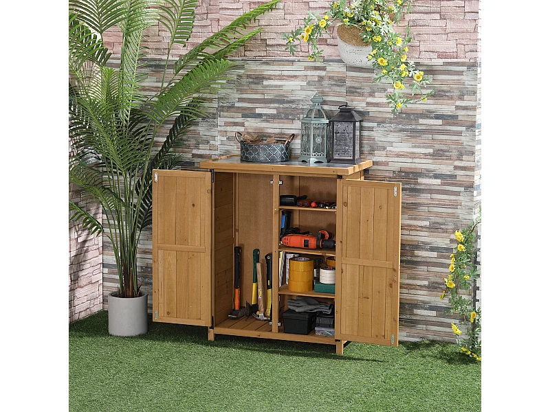 Abri de jardin armoire de jardin remise pour outils sur pied dim. 75L x 40l x 90H cm 3 étagères 2 portes toit tôle bois sapin pré-huilé