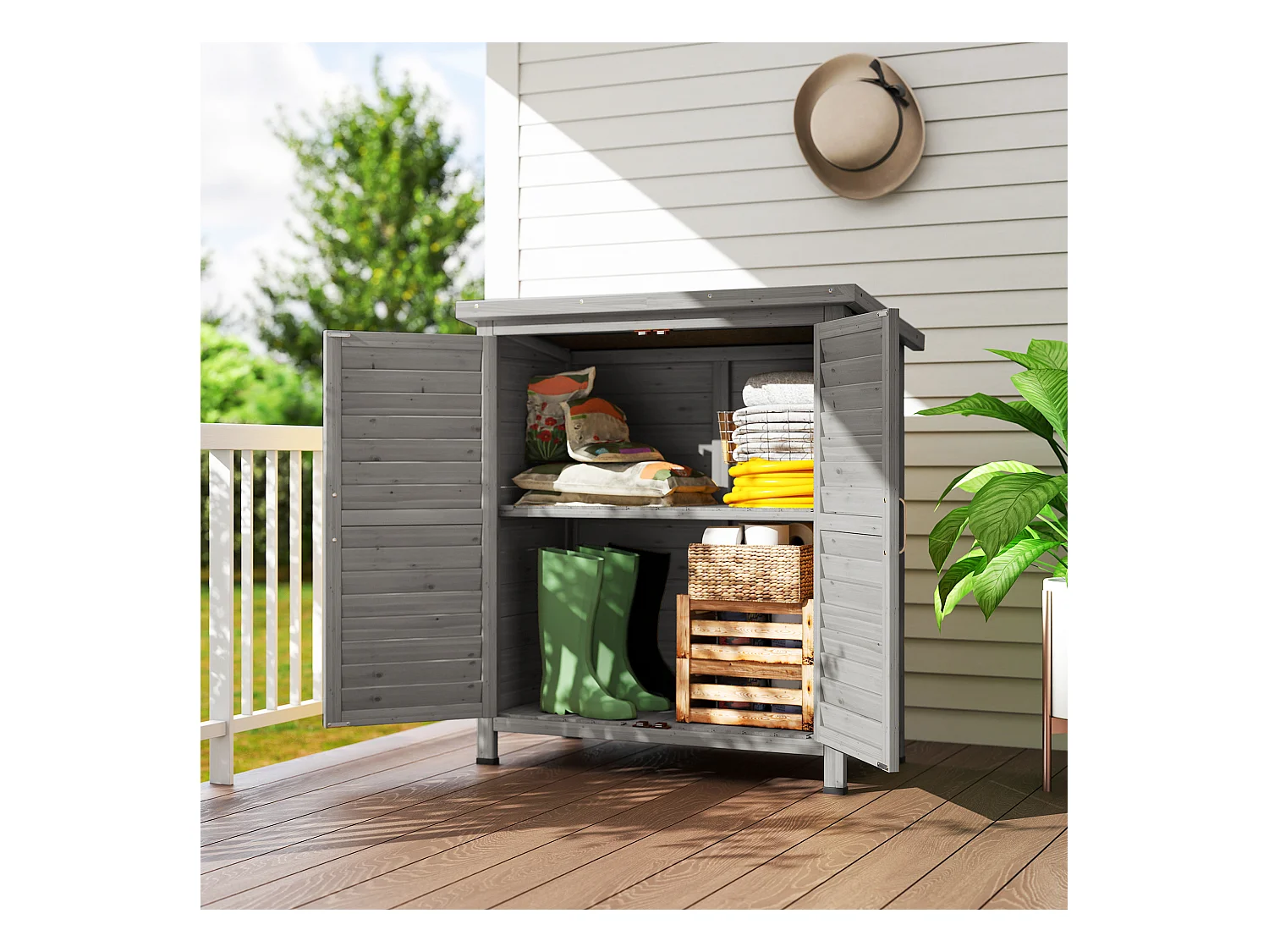 Armoire de jardin abri jardin remise pour outils sur pied dim. 87L x 46l x 96H cm étagère portes persiennes toit bitumé bois sapin autoclave gris