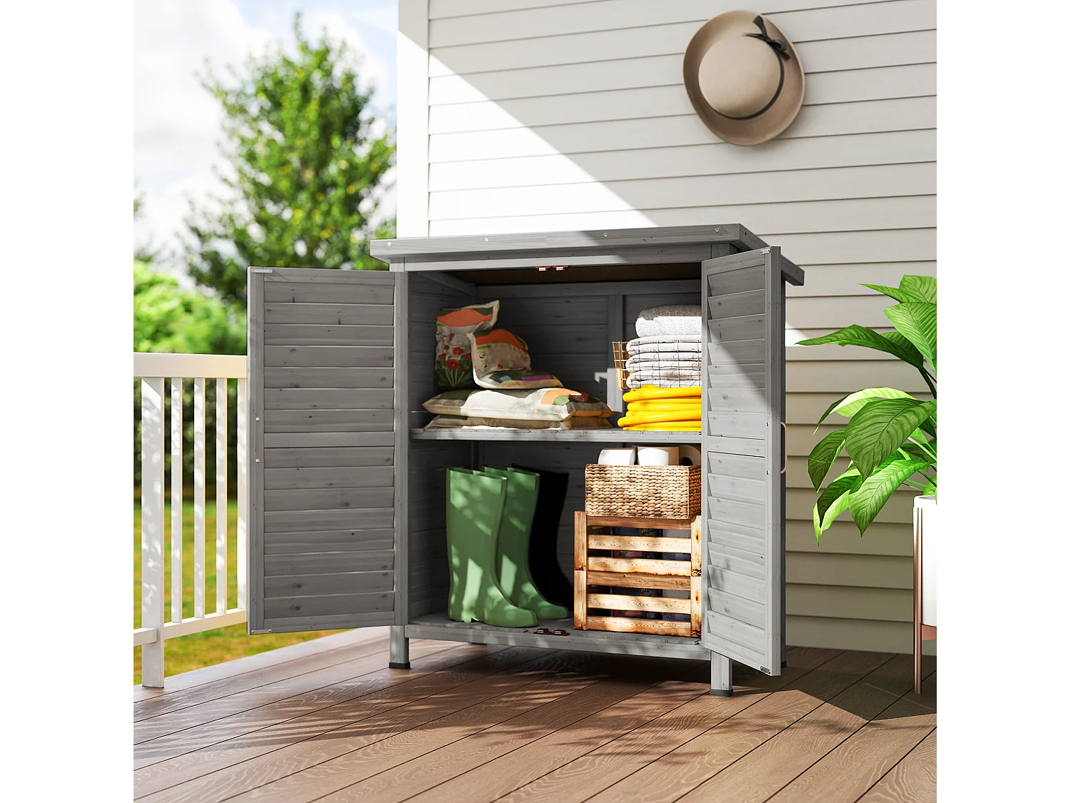 Armoire de jardin abri jardin remise pour outils sur pied dim. 87L x 46l x 96H cm étagère portes persiennes toit bitumé bois sapin autoclave gris