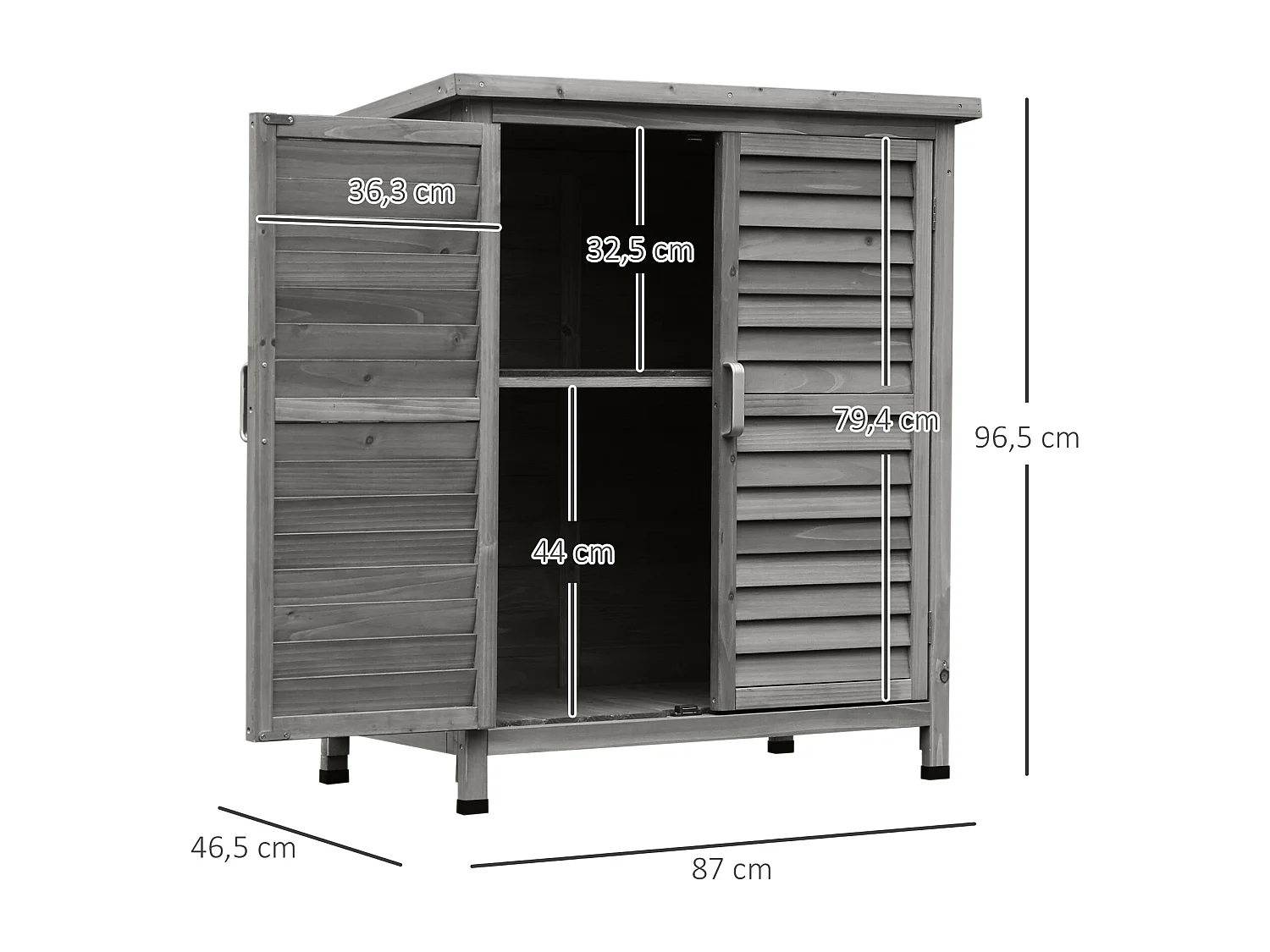 Armoire de jardin abri jardin remise pour outils sur pied dim. 87L x 46l x 96H cm étagère portes persiennes toit bitumé bois sapin autoclave gris